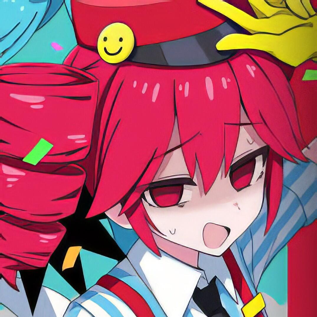 Anime forum pfp of Utau character Kasane Teto: red twintails and red eyes, small hat, school-style outfit and playful, slightly mischievous expression.