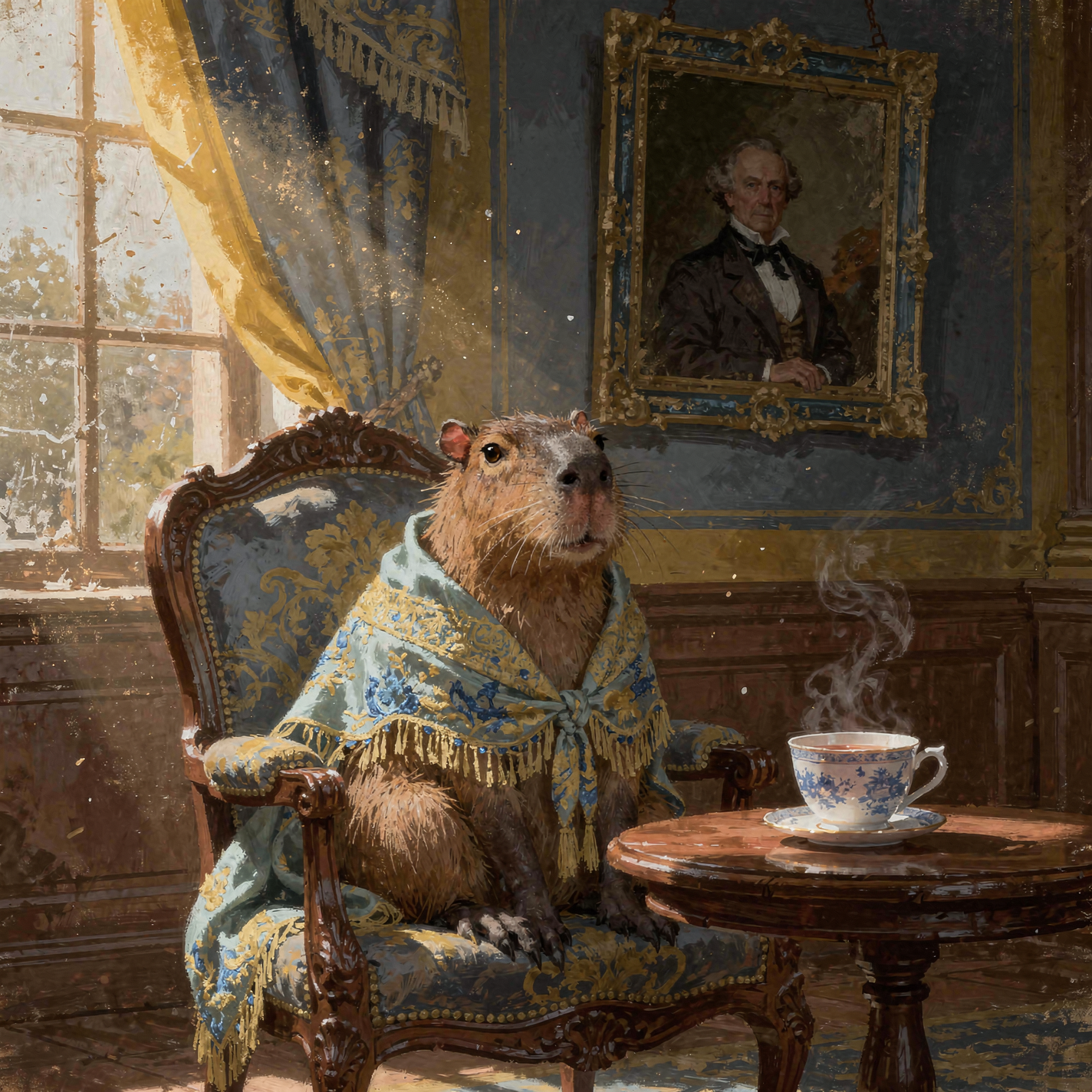 Forum avatar: dignified capybara in a shawl seated in an ornate armchair, steam rising from a teacup in a sunlit classical parlor.