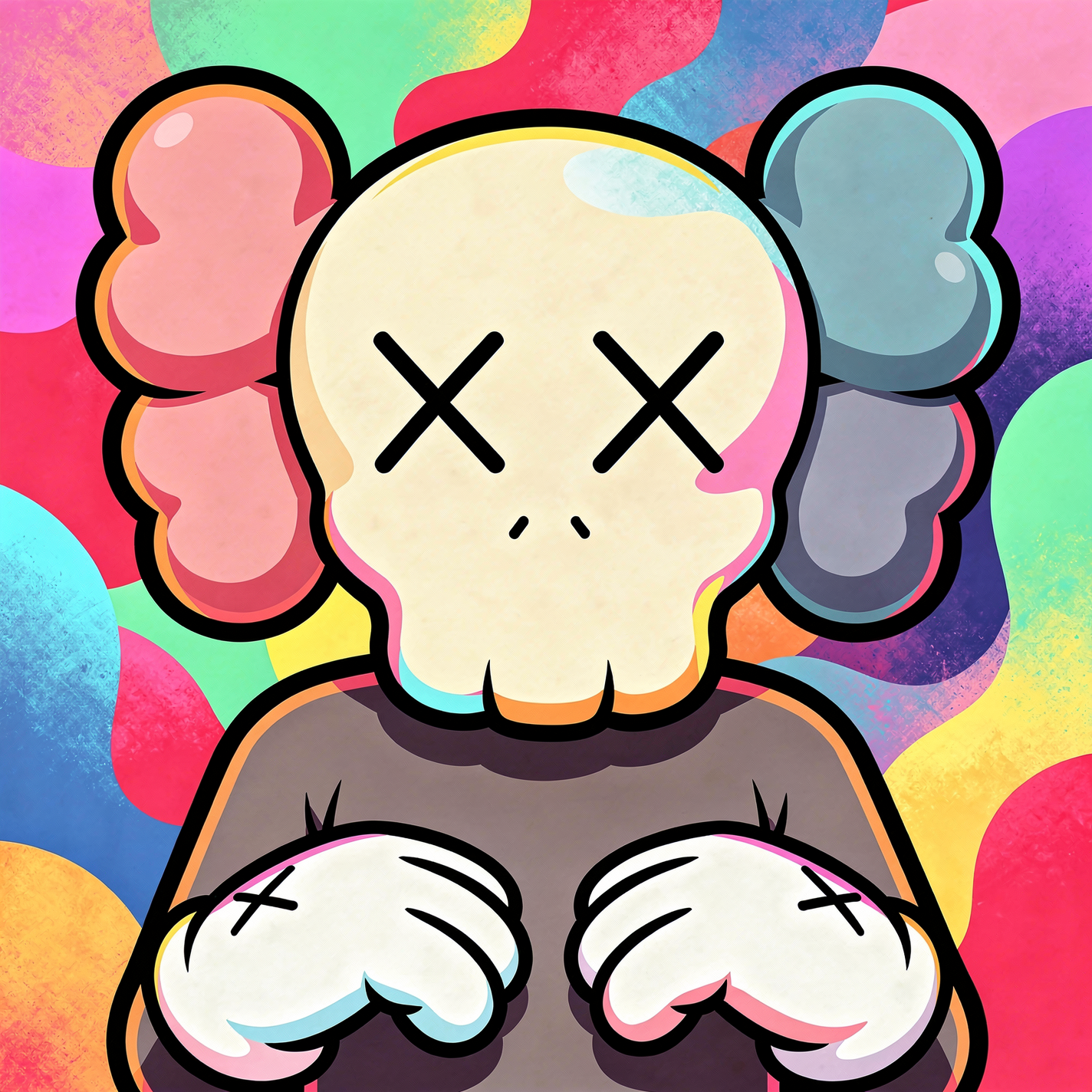 Colorful KAWS-inspired forum avatar: cartoon skull with X eyes, gloved hands and multicolored cloud-like ears against a vibrant tie-dye background.