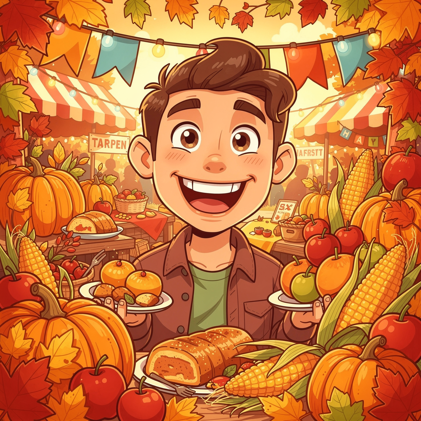 Forum avatar/pfp showing a cheerful cartoon young man at an autumn farmers’ market, holding plates of pastries among pumpkins, corn, apples, bread and colorful pennant banners.