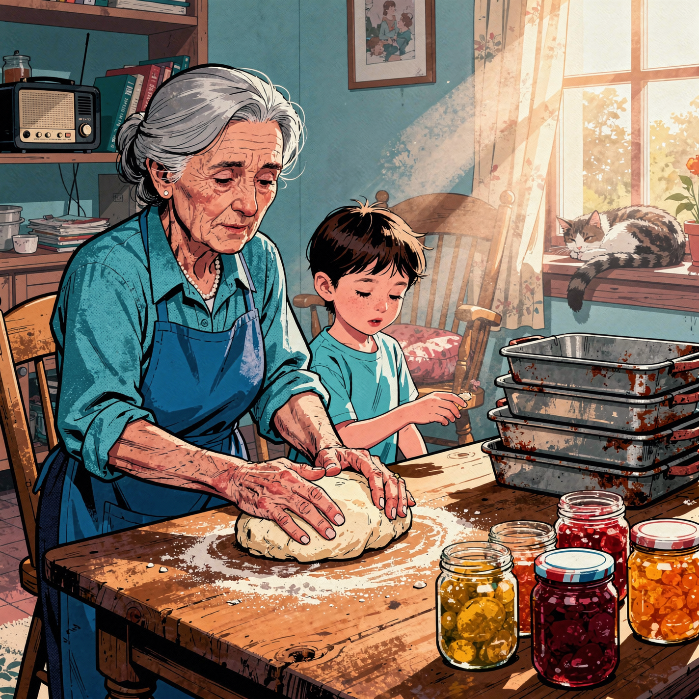 Forum avatar/profile photo: grandmother kneading dough with a child at a sunlit kitchen table, jars of preserves and baking pans nearby, a cat lounging on the windowsill.