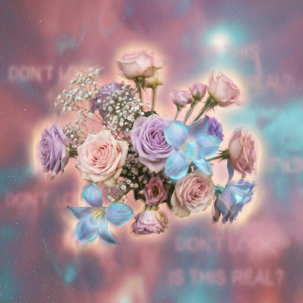 Pastel bouquet of roses, blue blossoms and baby's breath on a dreamy pink-blue bokeh background, designed as an aesthetic forum avatar/pfp.