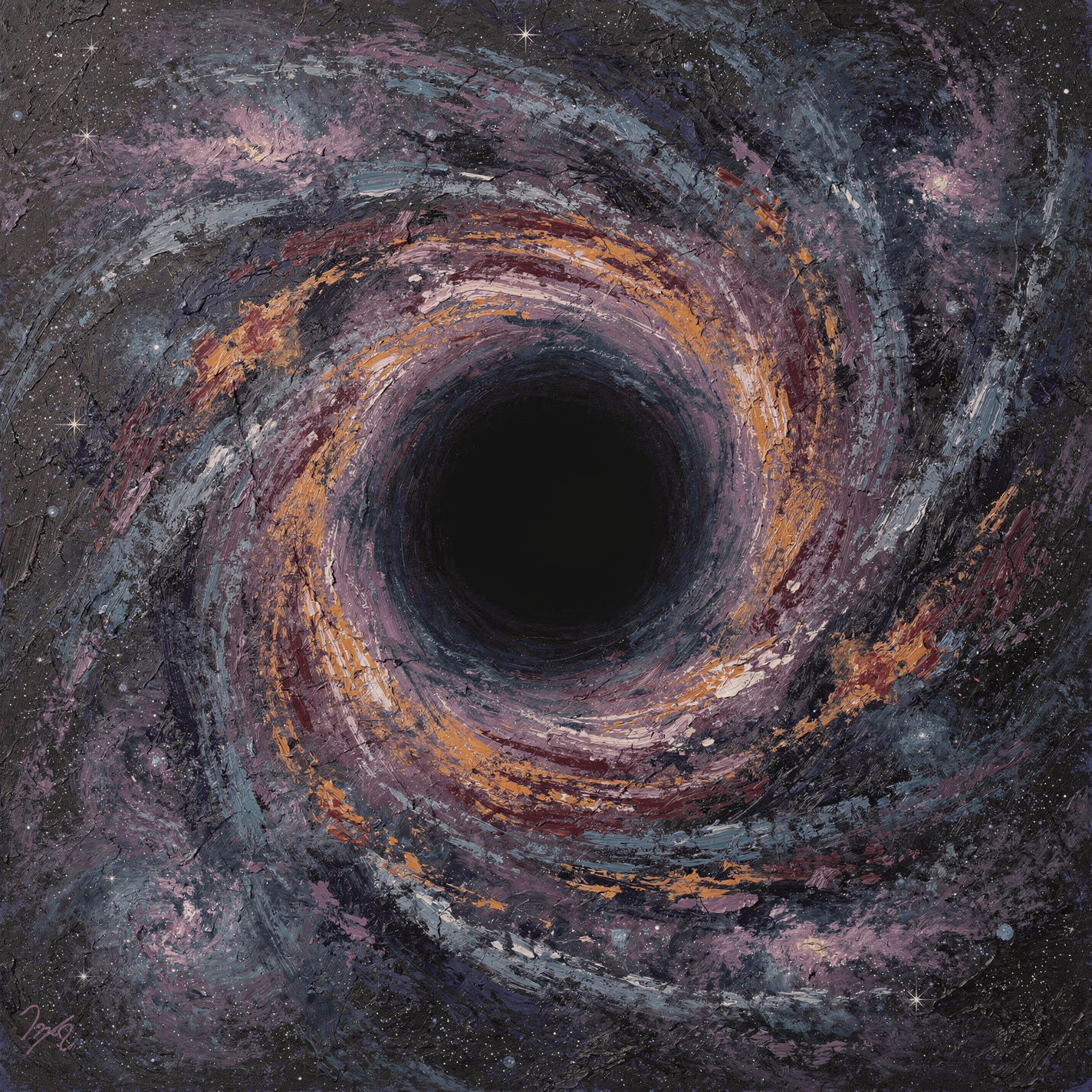 Forum avatar/profile photo: stylized black hole — a dark central void surrounded by a swirling purple, gray, and amber accretion disk.
