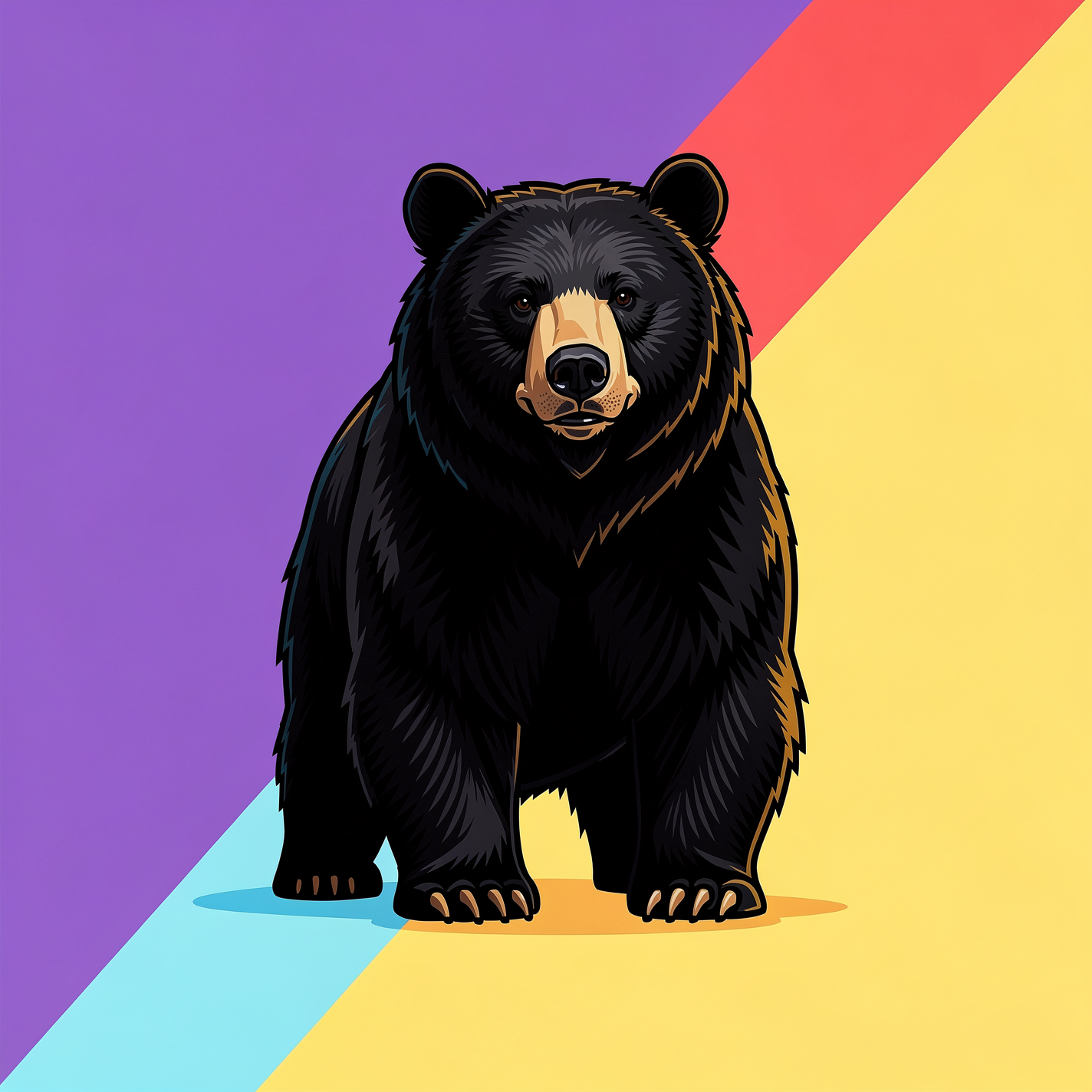 Stylized black bear forum avatar/pfp standing centered on a diagonal purple, red, teal and yellow background.