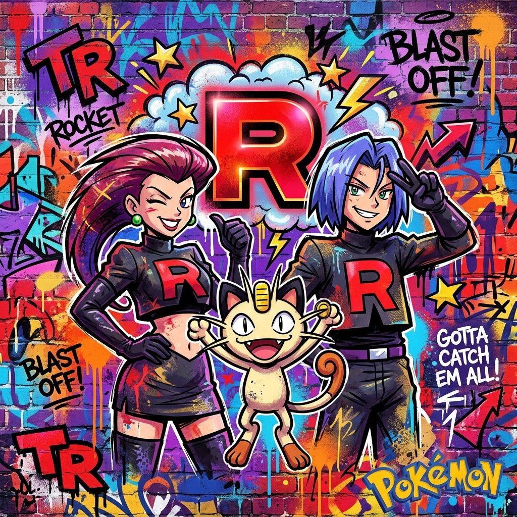 Colorful forum avatar of Team Rocket — Jessie, James and Meowth posing before a bold red R amid graffiti, lightning bolts, stars and Blast Off! tags.