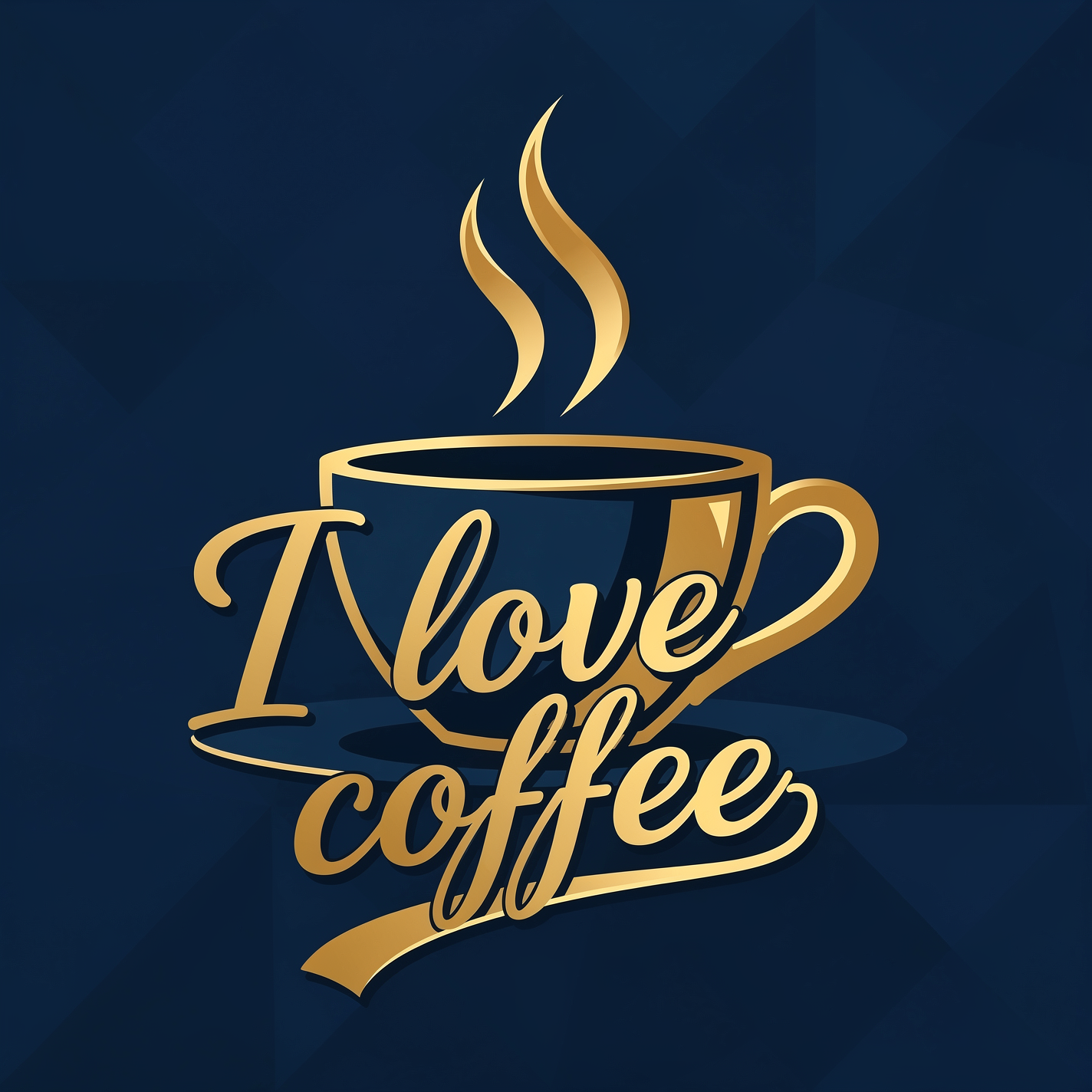 Gold stylized steaming coffee cup with cursive I love coffee on dark blue background — forum avatar/pfp