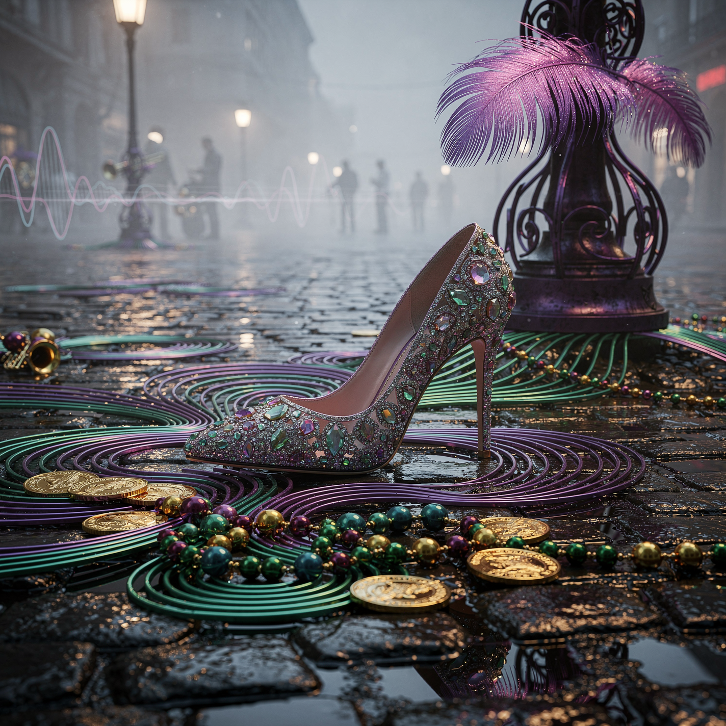 Mardi Gras forum avatar/pfp: jeweled high-heeled shoe amid green/purple/gold beads and coins, purple feathered lamp on wet cobblestone street.