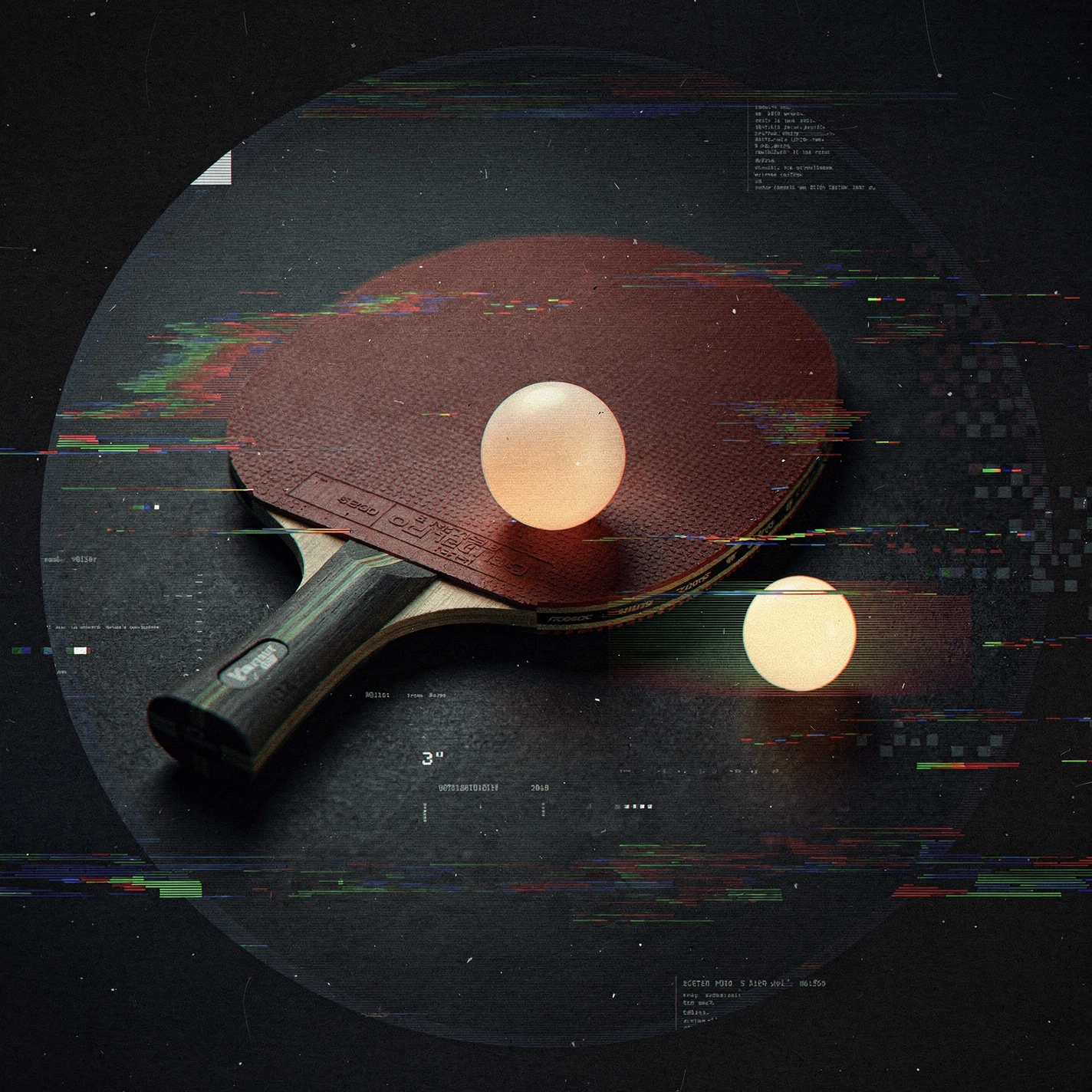 Forum avatar/pfp showing a table tennis paddle and two balls on a dark, glitchy digital background in a circular crop, a stylized profile photo.