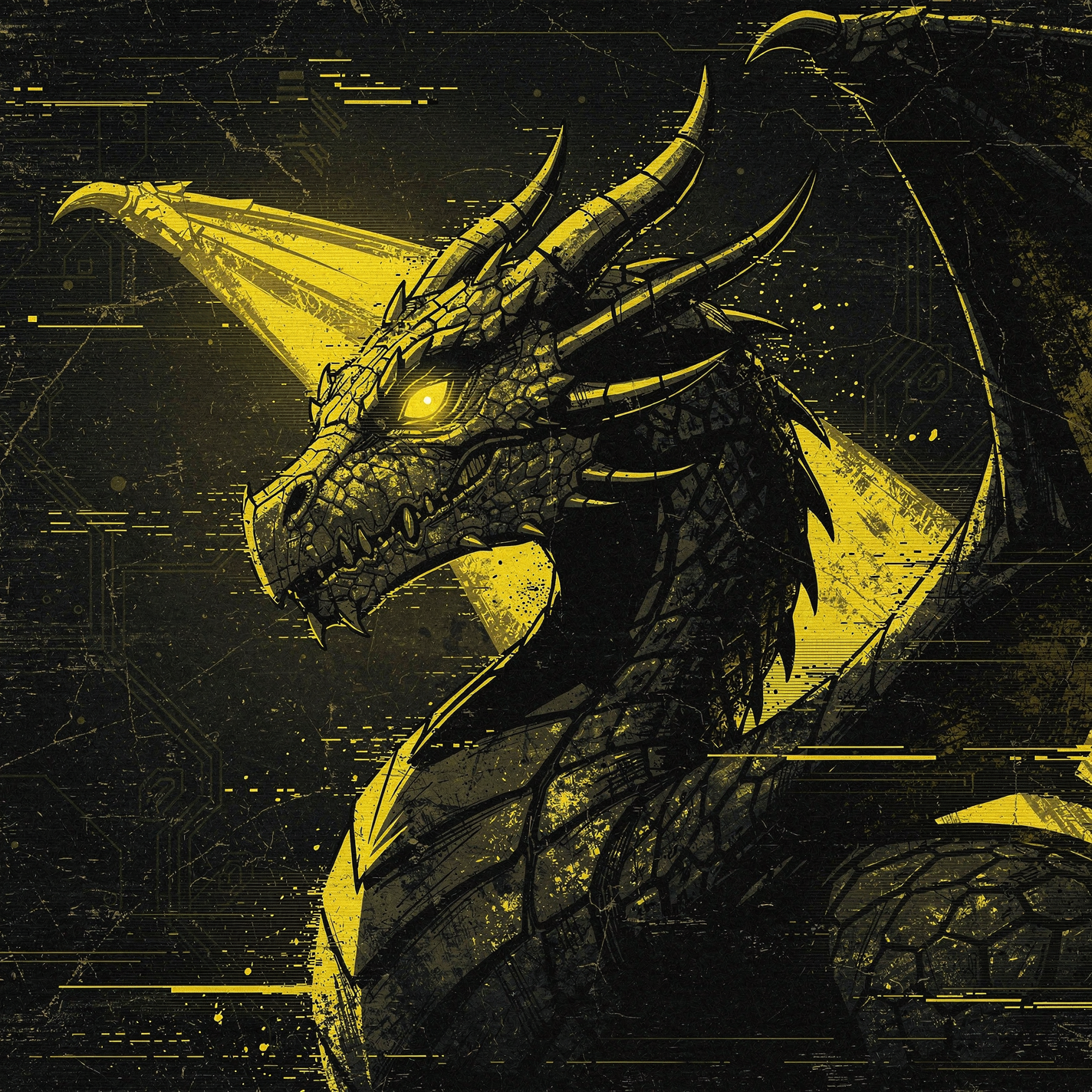Stylized dark wyvern head with glowing yellow eyes and glitchy digital textures, rendered as a bold forum avatar/pfp profile photo.