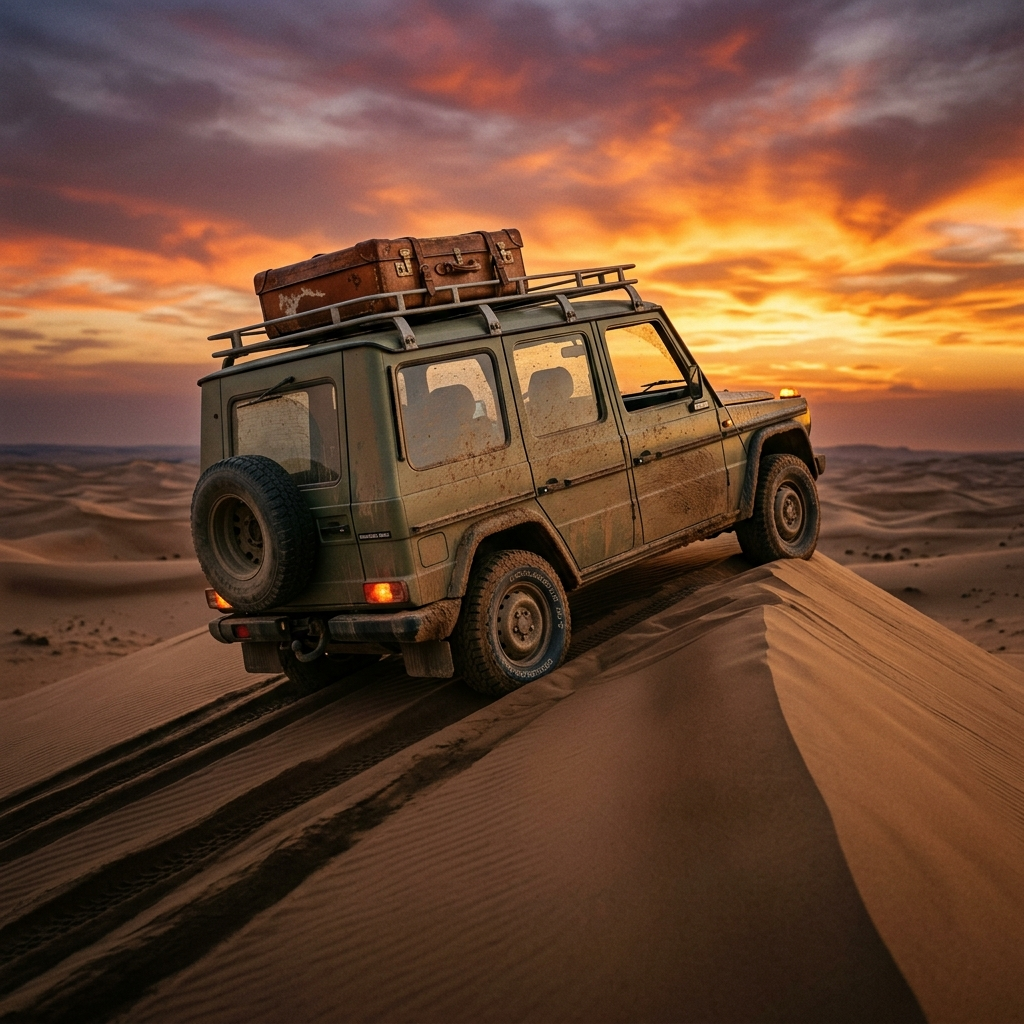 Forum avatar/pfp: Mercedes‑Benz G‑Class perched on sand dunes at sunset, rooftop luggage and deep tire tracks visible in warm, dramatic light.