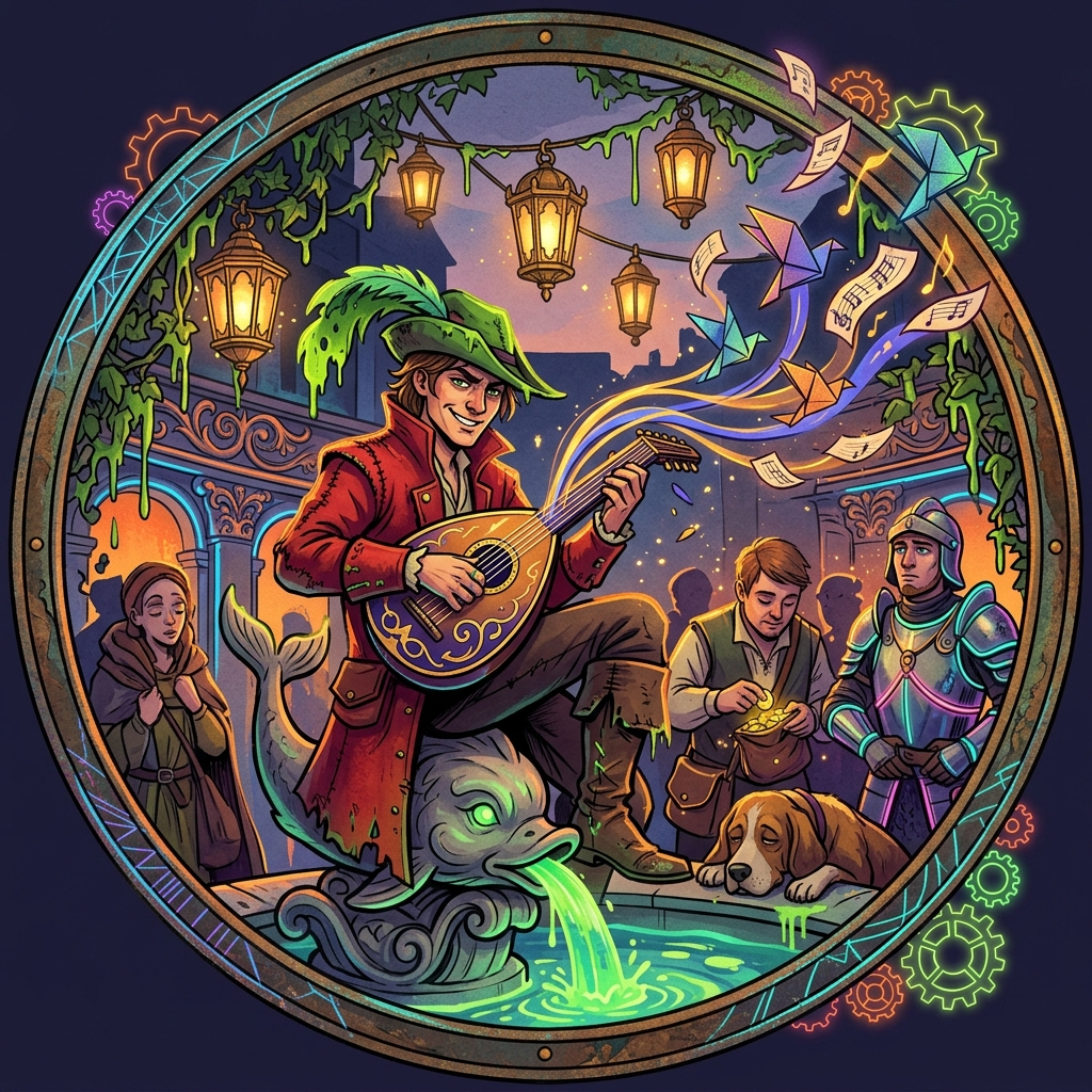 Circular forum avatar/pfp of a bard in a feathered hat playing a lute by a glowing fountain, lanterns above, musical notes swirling, attentive patrons and a resting dog.