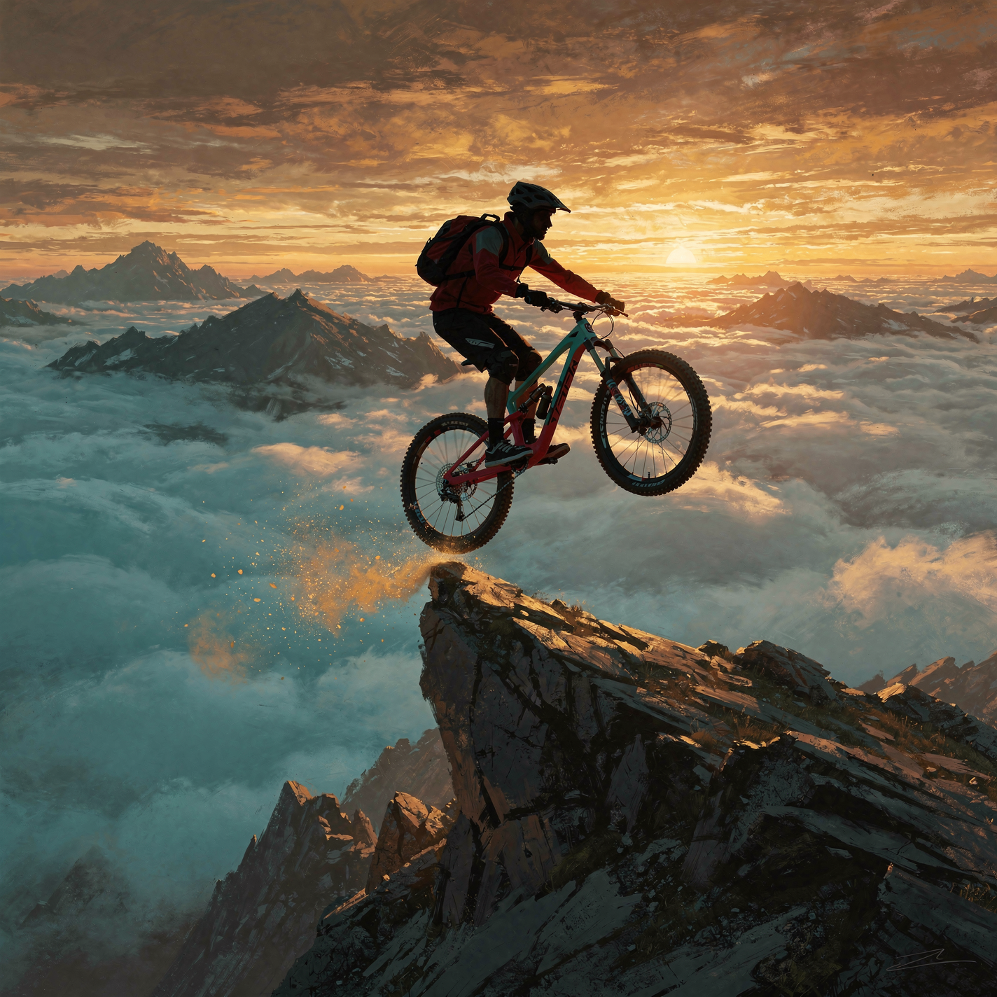 Forum avatar/profile photo: silhouette of a mountain biker mid-jump off a rocky peak above clouds at sunset.
