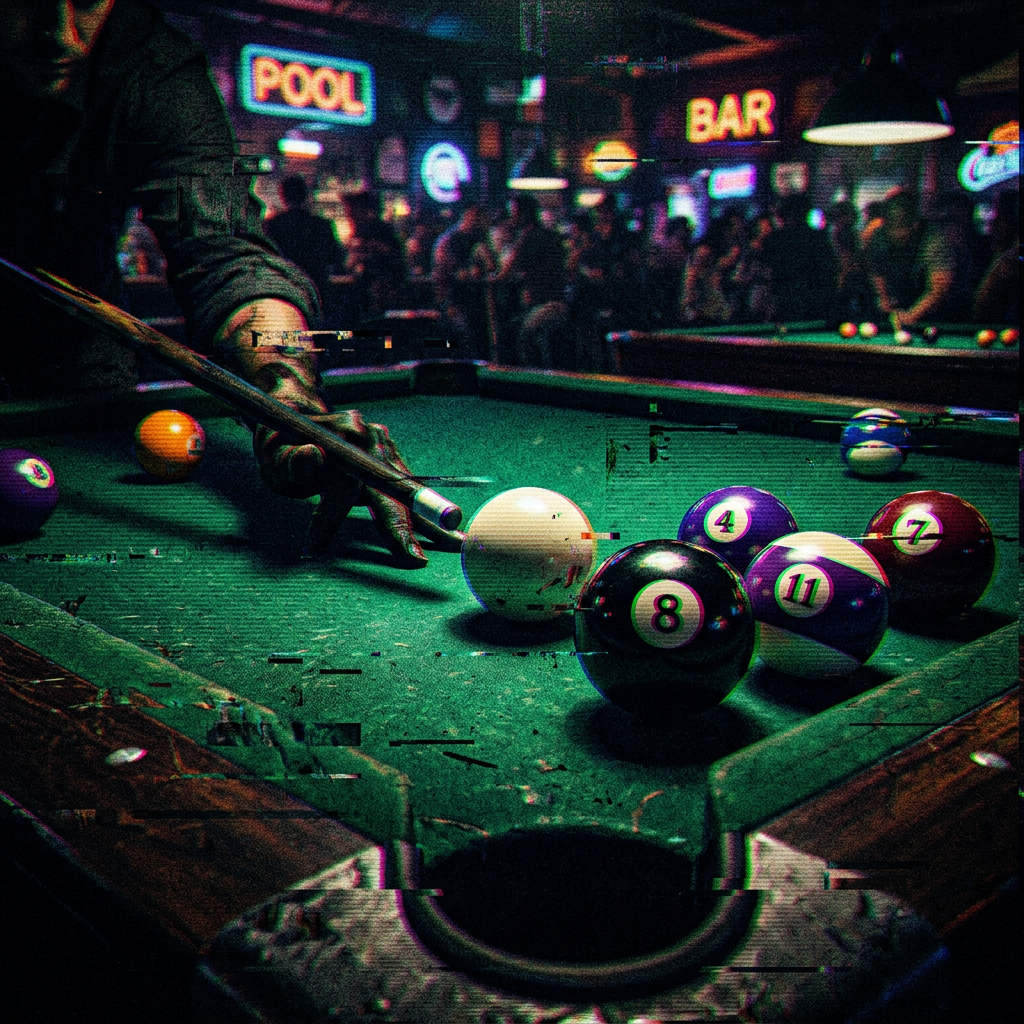 Forum avatar/pfp profile photo of a moody Pool (game) scene — cue hand about to strike balls on a green table in a neon-lit bar with Pool and Bar signs.