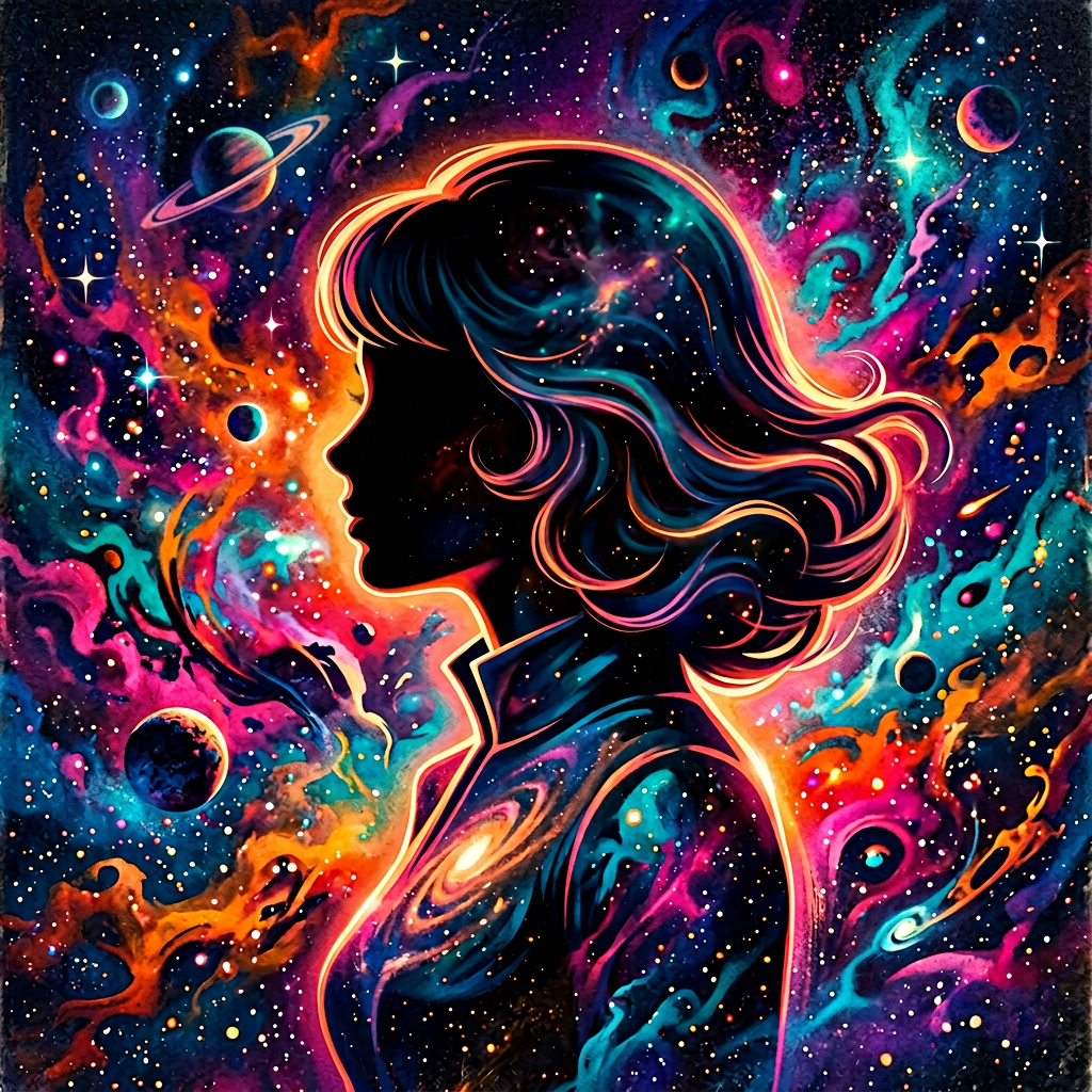 Forum avatar/pfp: feminine silhouette outlined in neon, hair and torso filled with a swirling galaxy of stars, planets, and vivid nebula colors.