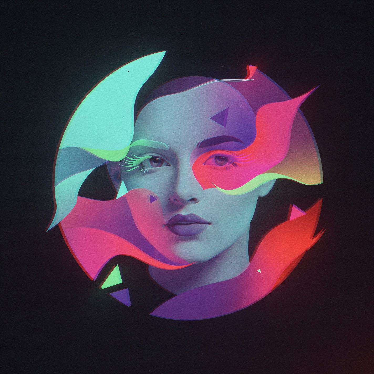 Forum avatar/pfp: stylized portrait of a woman's face encircled by neon pink, purple and teal abstract swirls on a dark background.