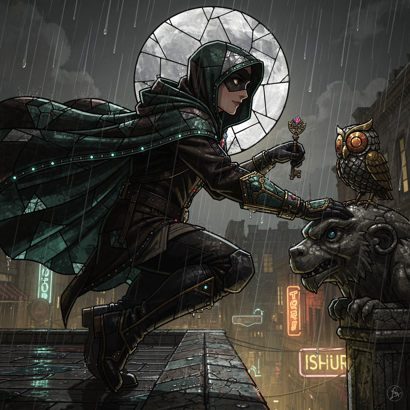 Forum avatar: hooded thief in rain kneels on a rooftop, offering a rose to an owl perched on a gargoyle, neon city and full moon behind.