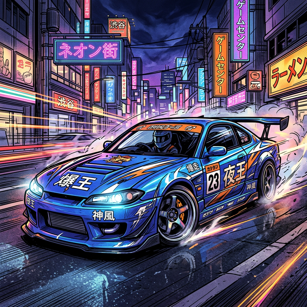 Anime-style blue race car drifting through a neon-lit city at night, detailed decals and number 23 — stylized forum avatar/pfp.