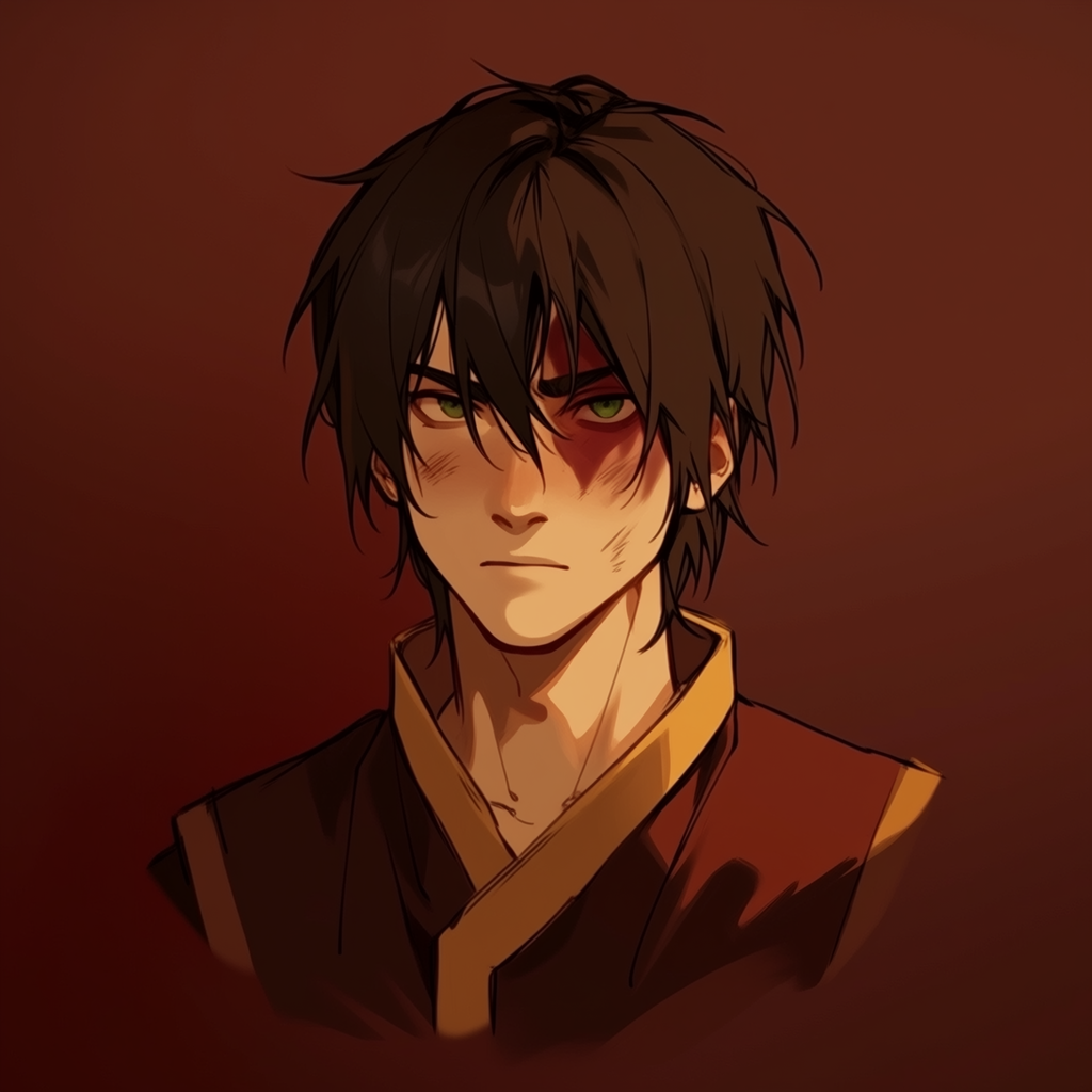 Anime-style forum avatar of Zuko from The Legend of Aang: The Last Airbender — brooding portrait with dark hair and signature burn scar over his left eye against a warm brown-red background.