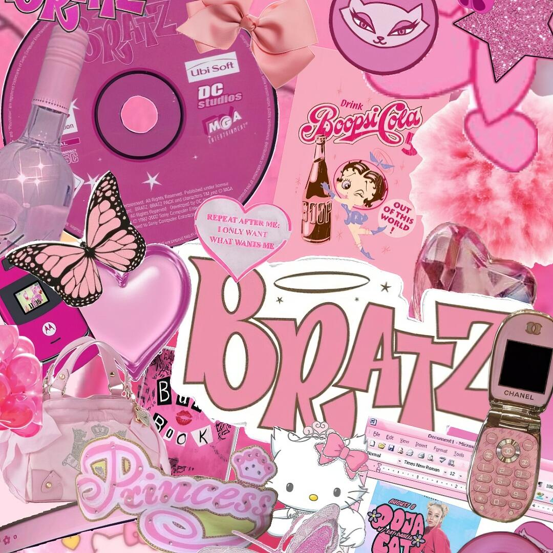 Pink Y2K girly collage forum pfp: Bratz logo, CD, flip phone, butterfly, bows, hearts and makeup, all in a playful pink aesthetic.