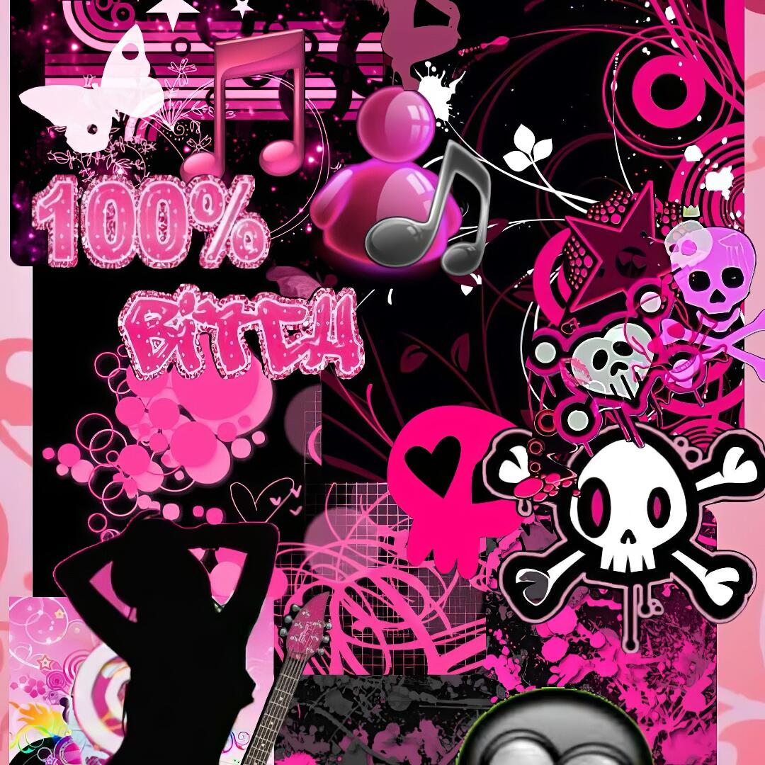 Pink Y2K girly forum avatar/pfp: bright pink collage of skulls, hearts, music notes, butterflies, silhouetted figure and bold 100% BITCH graffiti with edgy pop icons.