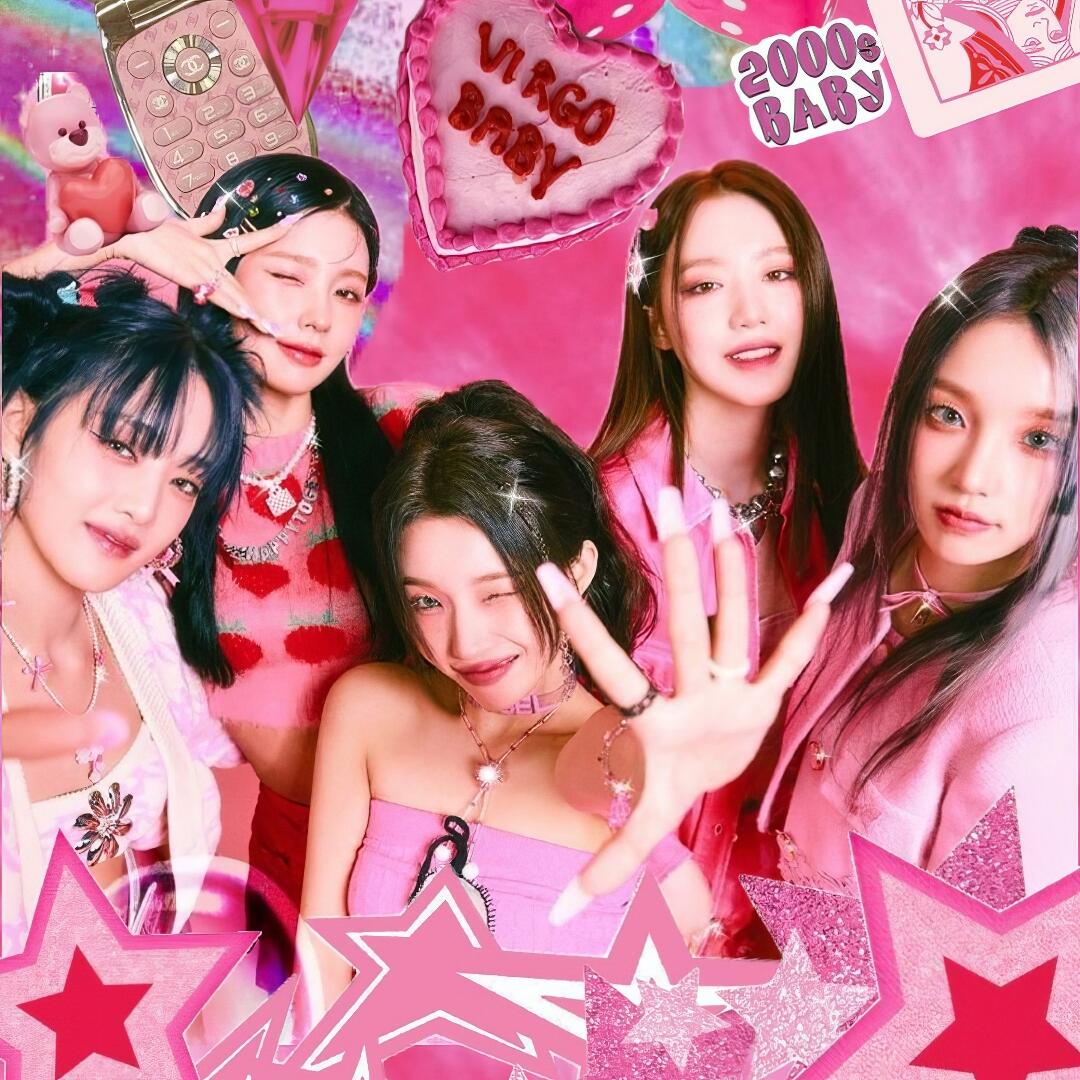 Y2K-inspired forum avatar of a K-pop girl band in pink outfits, playful props and star graphics, energetic group pose for a profile picture.