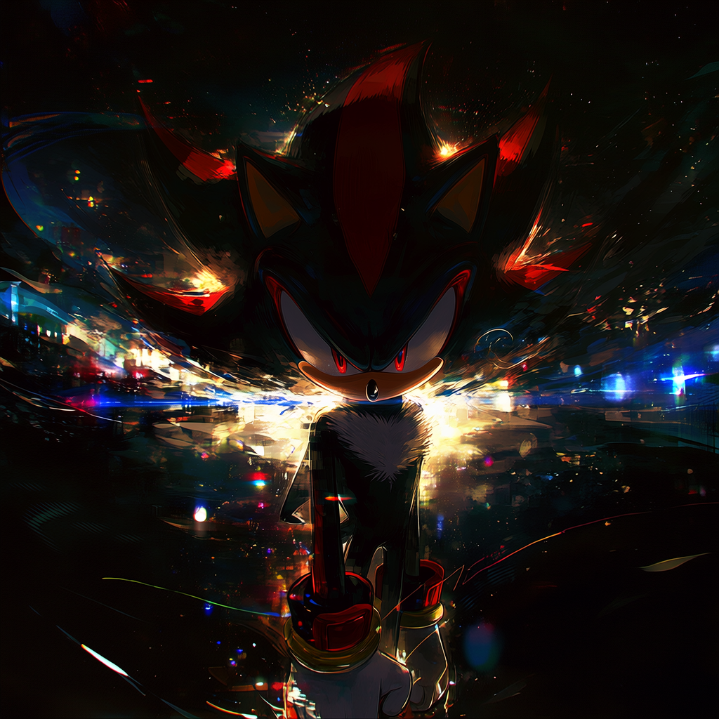 Forum avatar of Shadow the Hedgehog (video game), silhouetted against neon city lights with dramatic glowing effects.