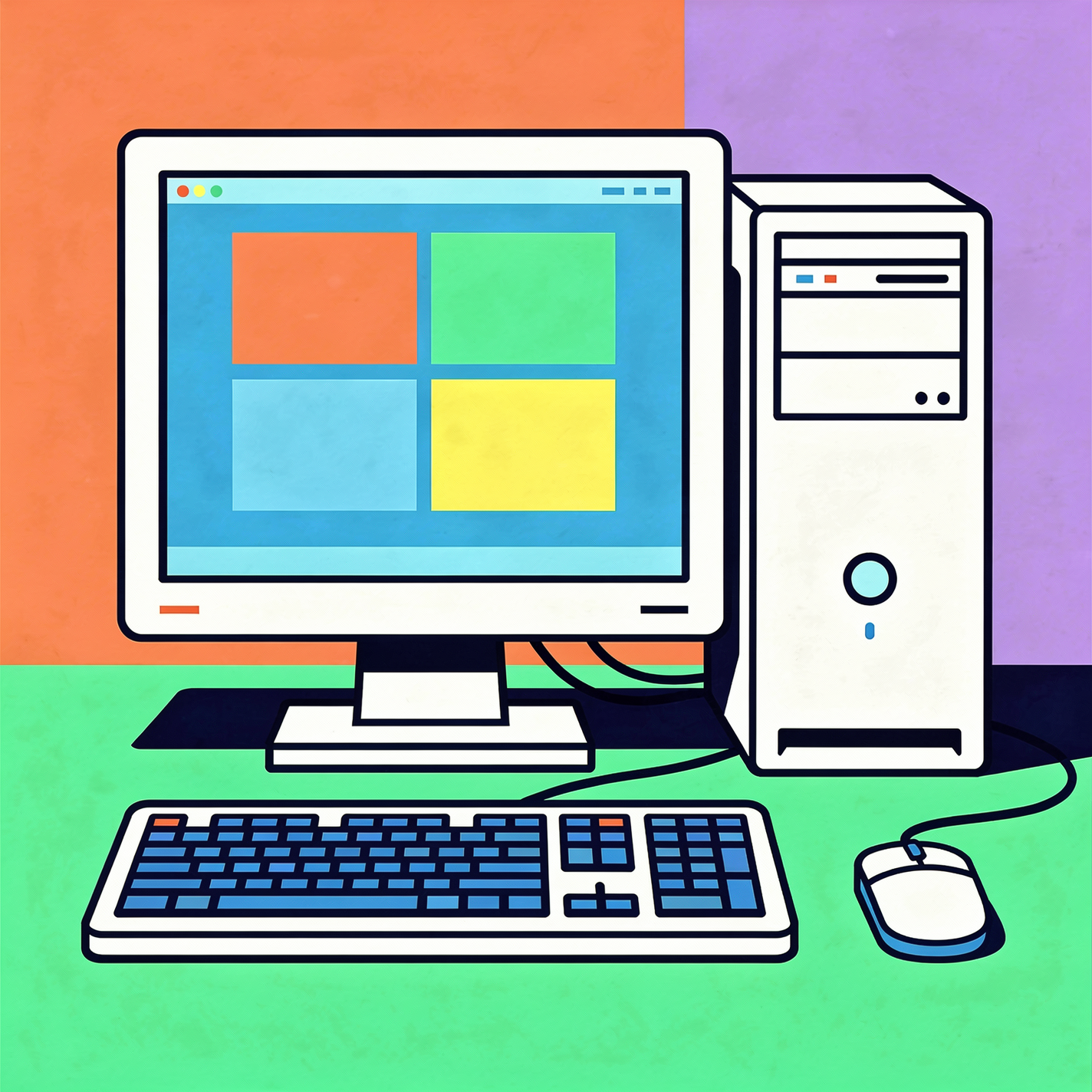 Illustrated Windows desktop PC with monitor showing the four-color Windows logo, keyboard and mouse — bright forum avatar/profile picture.