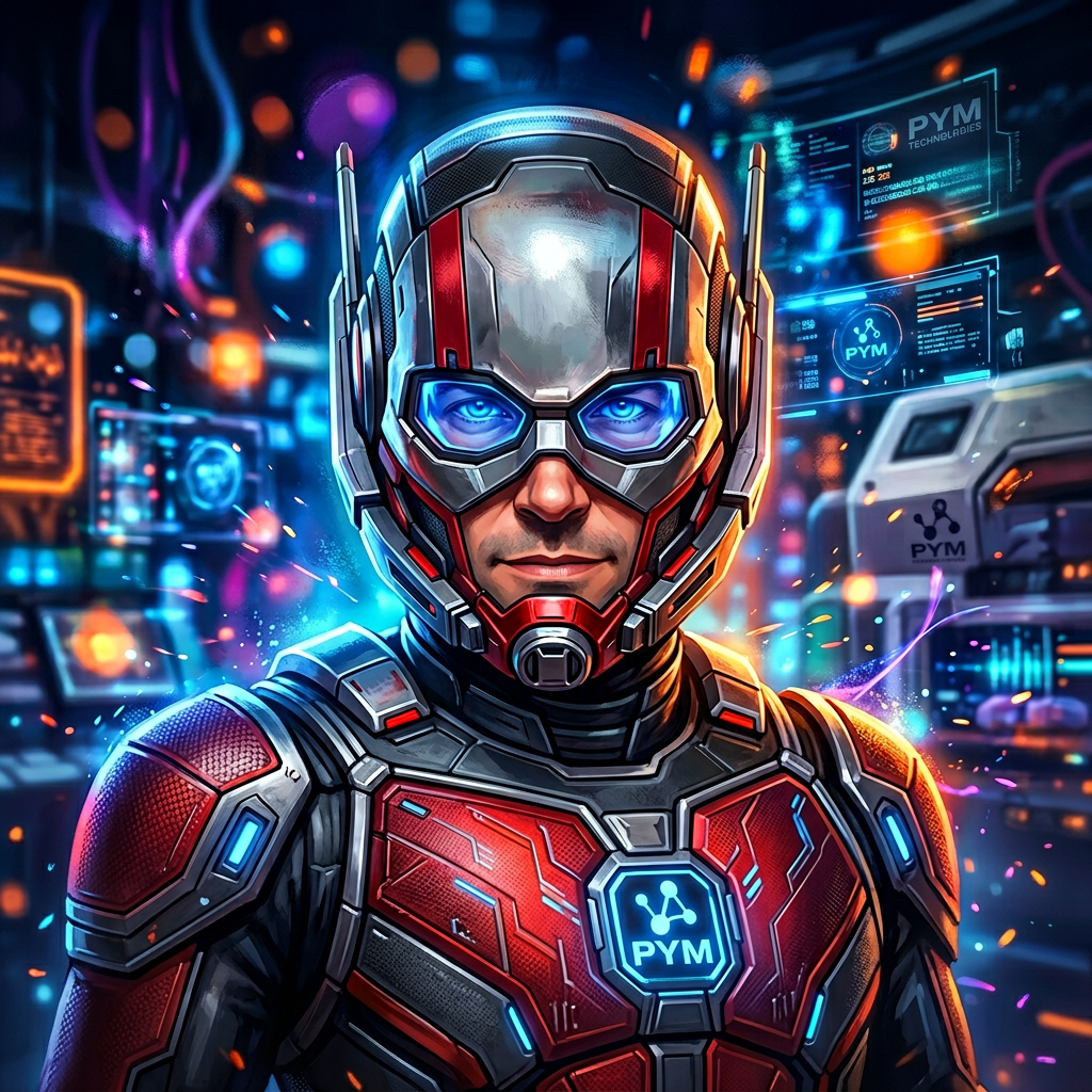 Ant-Man forum avatar: helmeted close-up with glowing blue eyes, red tech suit and neon sci-fi control panels glowing in the background.