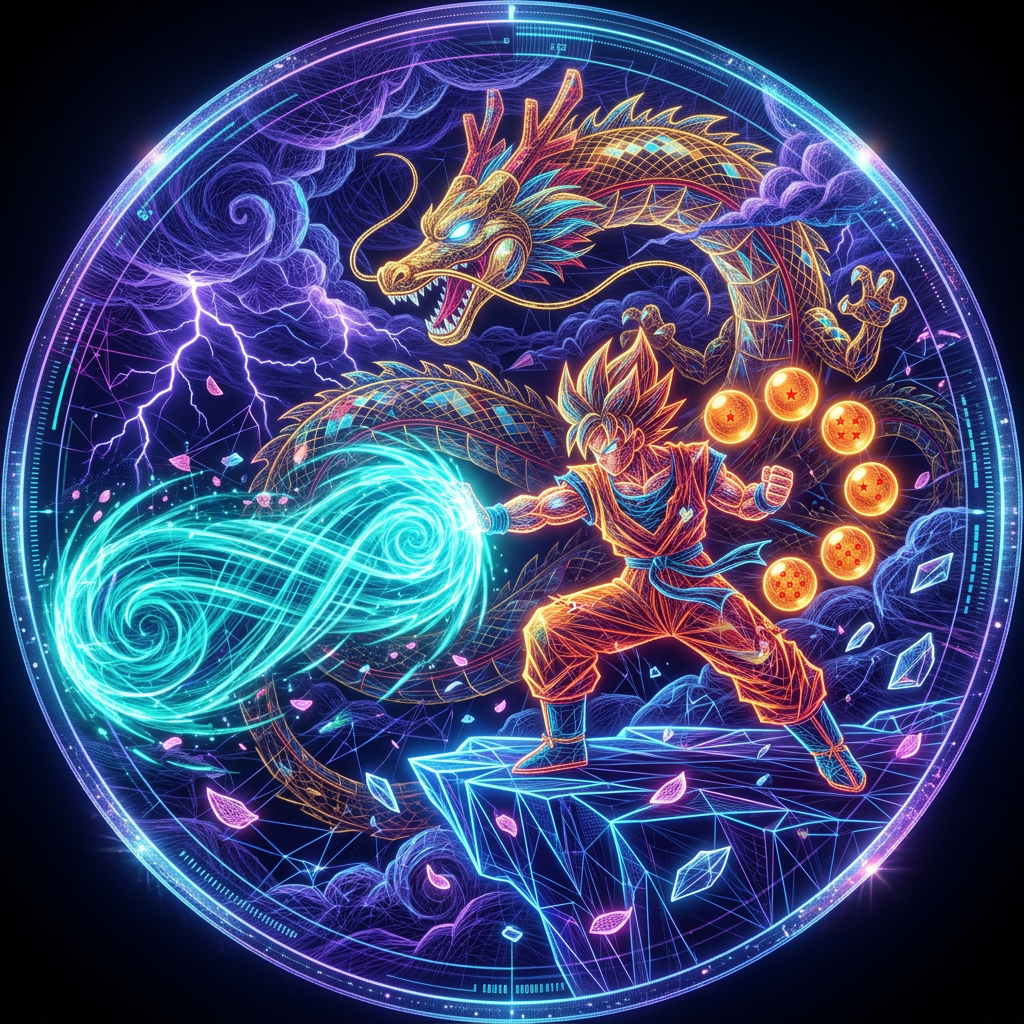 Dragon Ball forum avatar — Super Saiyan Goku unleashing an energy blast as a dragon coils behind him and seven Dragon Balls glow in a neon circular frame.