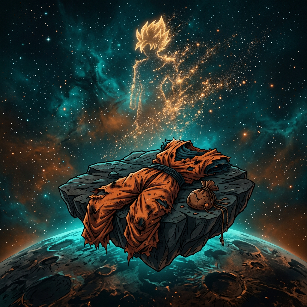 Forum avatar of Goku: his orange gi and boots lie on a floating rock above a cratered planet, while a glowing Super Saiyan silhouette forms in the starry nebula.