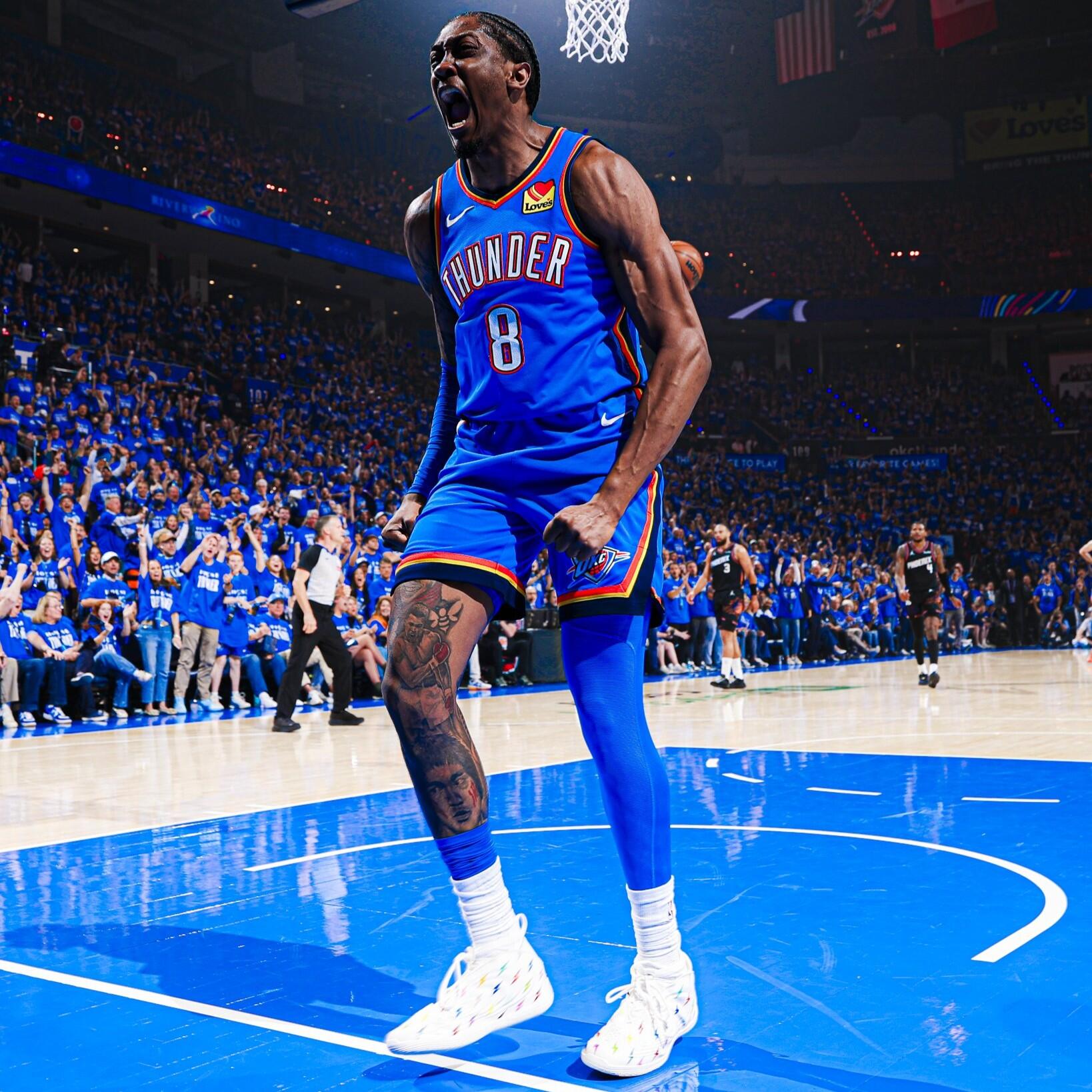 Profile avatar showing an NBA player in an Oklahoma City Thunder blue jersey roaring in celebration on the court.
