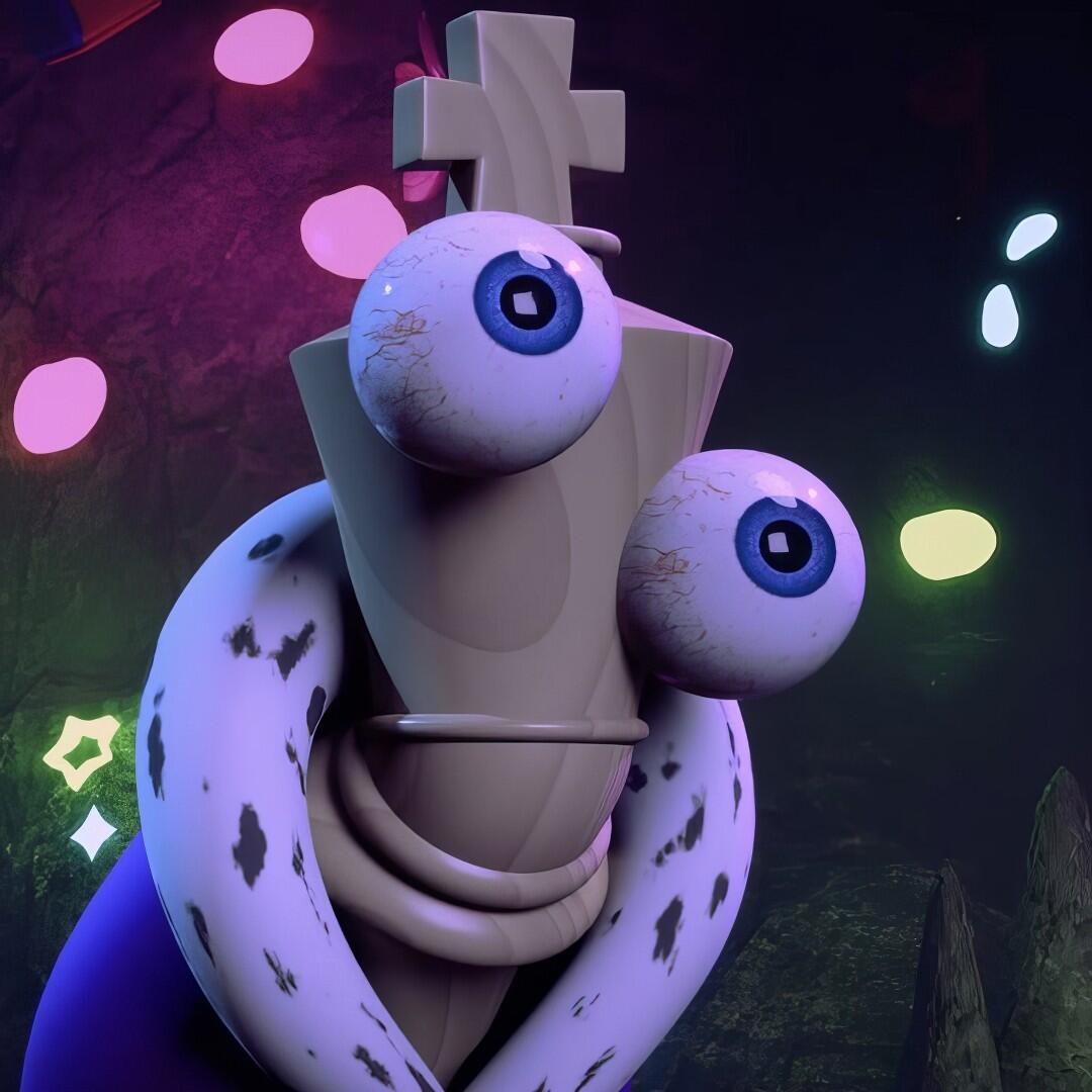 Forum avatar of Kinger from The Amazing Digital Circus (TADC): stylized wooden king with two bulging blue eyes and a spotted fur collar against colorful bokeh lights.