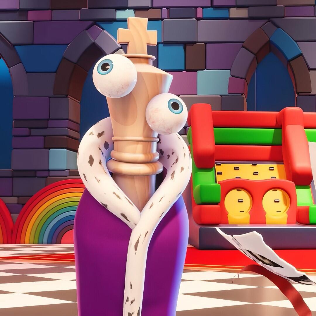 Forum avatar of Kinger from The Amazing Digital Circus (TADC): a crowned king piece with oversized eyeballs, a white snake scarf and purple robe set in a colorful circus room.