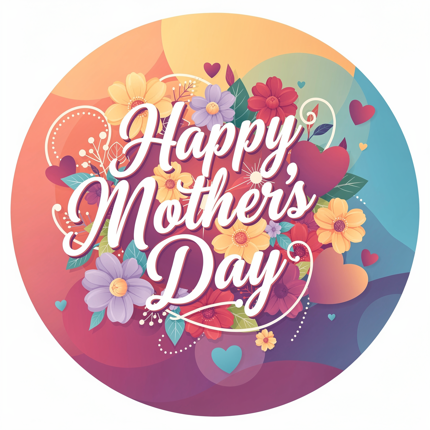 Round forum avatar featuring colorful flowers, hearts and elegant script reading Happy Mother's Day — a festive profile image.