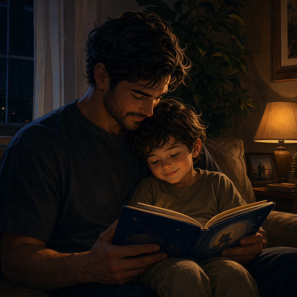 Forum avatar/profile photo of a parent reading a bedtime story to a smiling child on a couch by warm lamplight.
