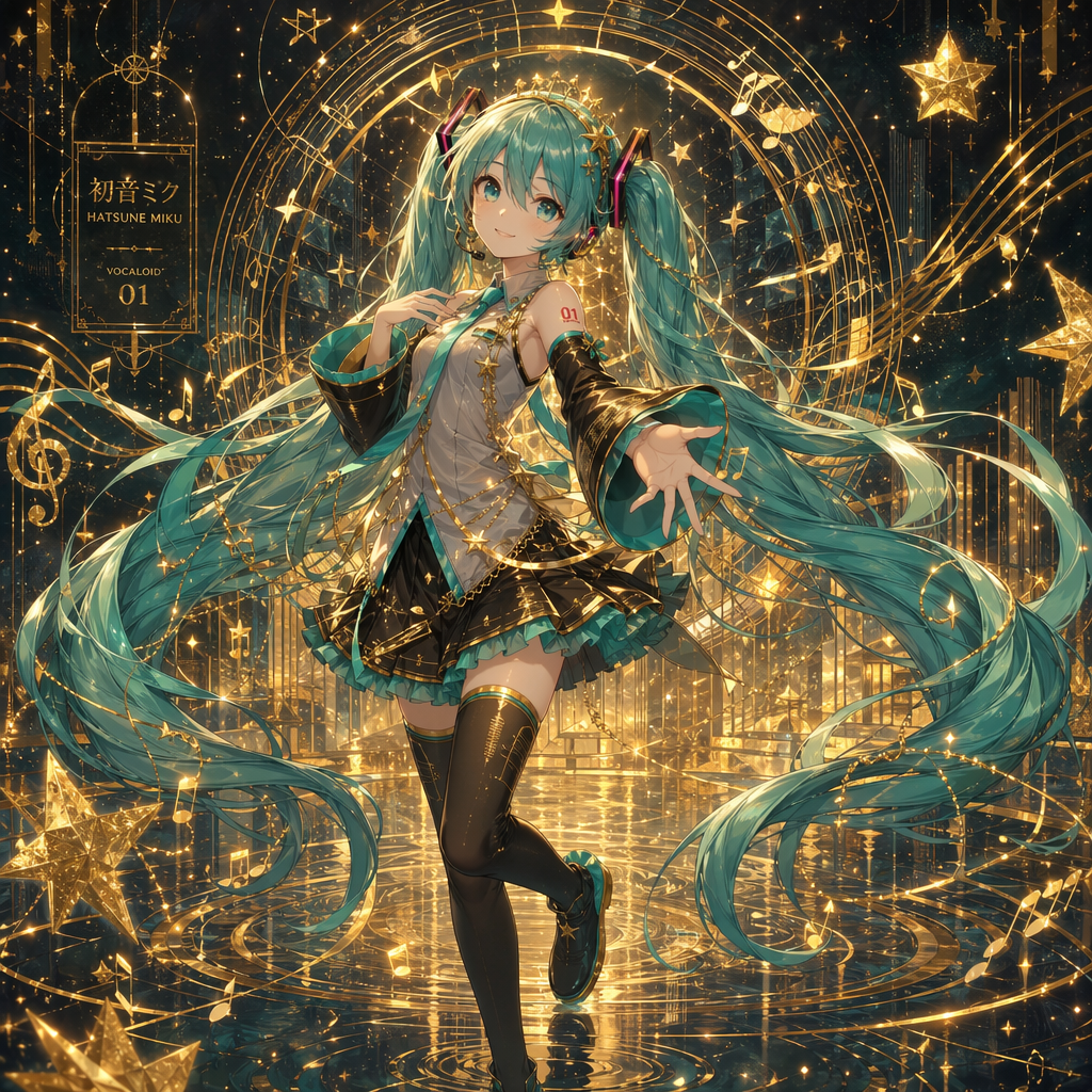 Forum avatar of Hatsune Miku with teal twin-tails and a gold-accented outfit, reaching out amid swirling golden musical notes, stars, and a luminous, ornate stage-like backdrop.