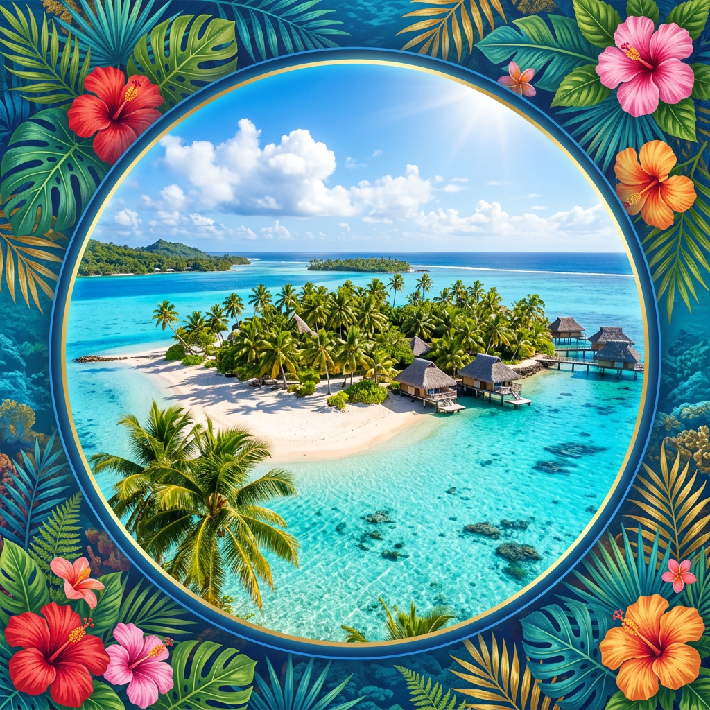 Forum avatar/pfp: vibrant island paradise — turquoise lagoon, palm-covered islet with overwater bungalows, framed by colorful tropical flowers.