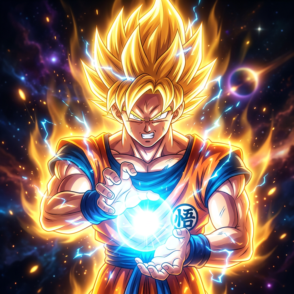 Dragon Ball Z forum avatar/pfp: Super Saiyan Goku with glowing golden hair, forming a blue energy sphere between his hands amid a fiery aura and starry background.