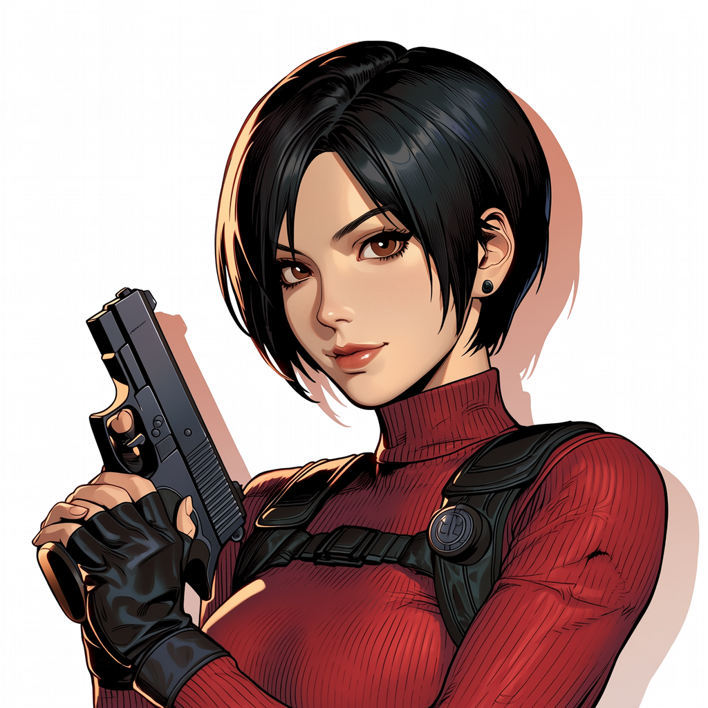 Forum avatar/pfp of Ada Wong from the video game Resident Evil 4 (2023): stylized portrait with short black hair, red turtleneck and harness, holding a pistol.