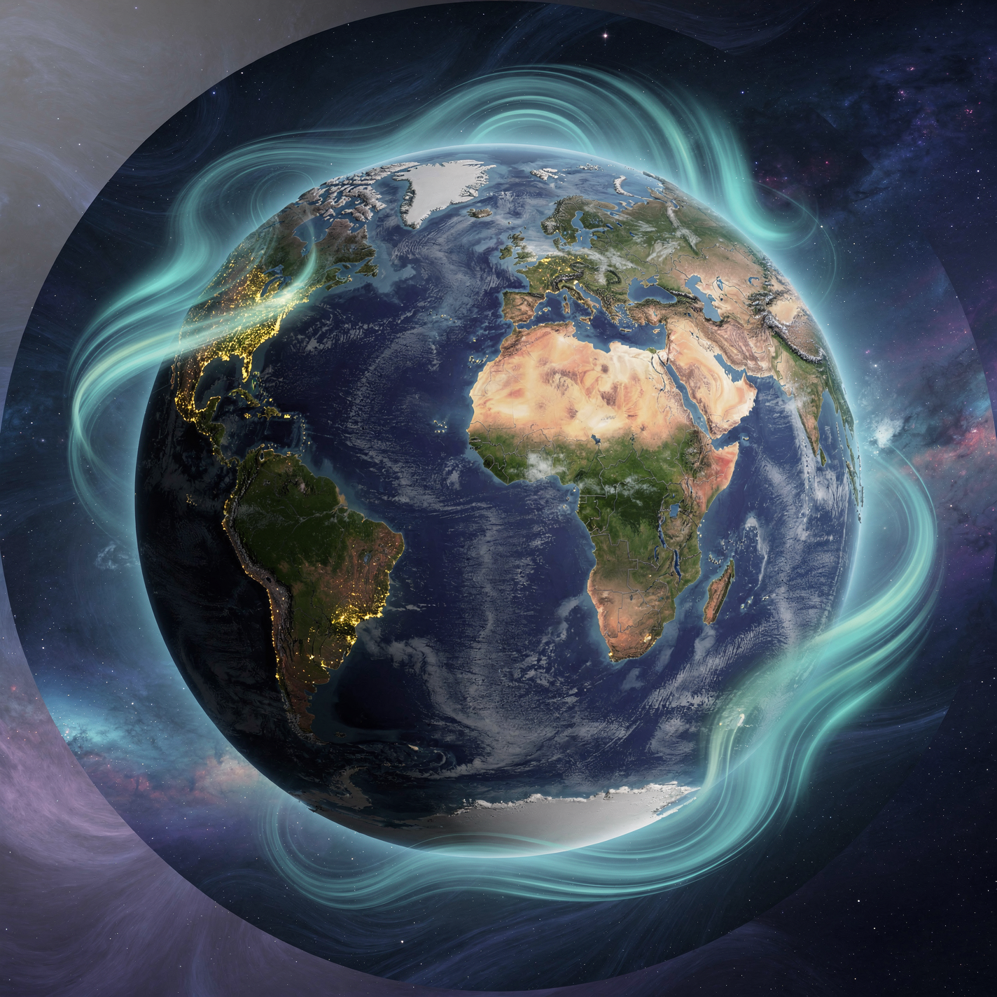 Earth From Space: globe showing continents, night lights and teal auroral swirls — circular forum avatar/profile photo.