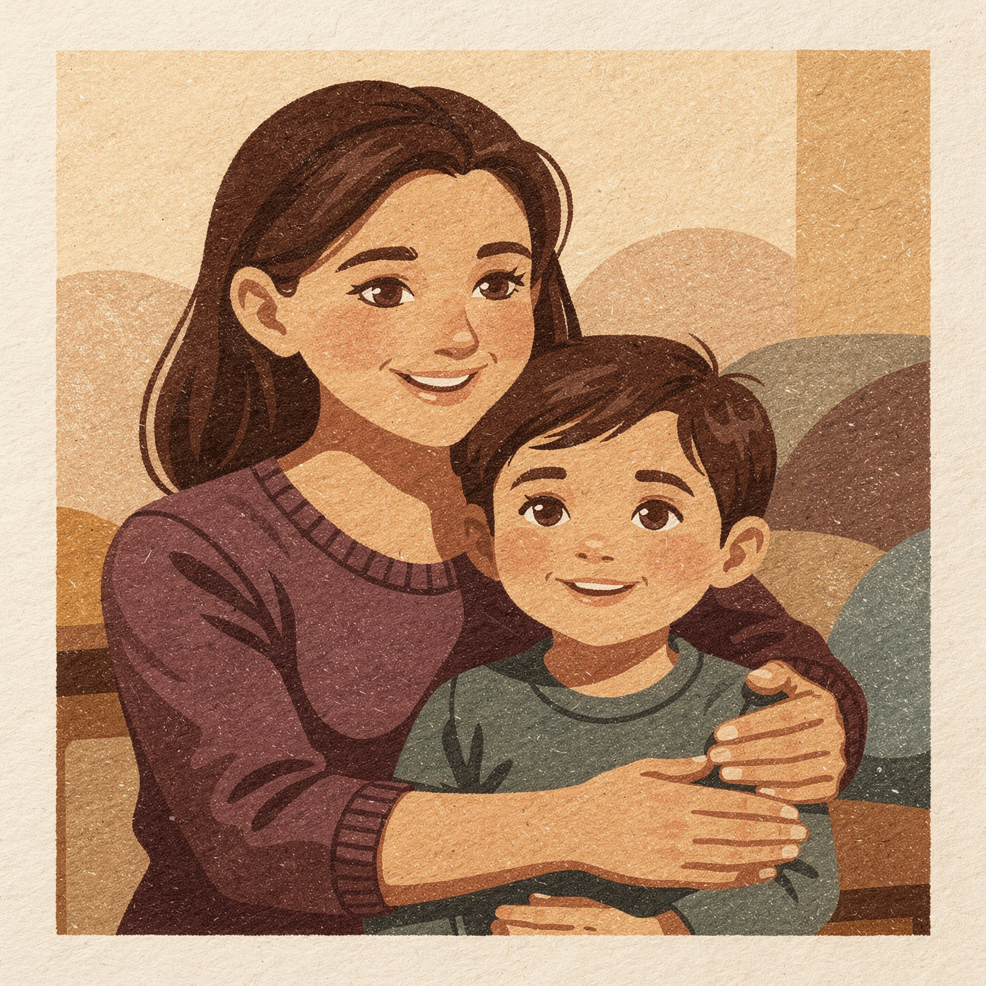 Forum avatar/pfp: illustrated mother hugging her young son, both smiling.