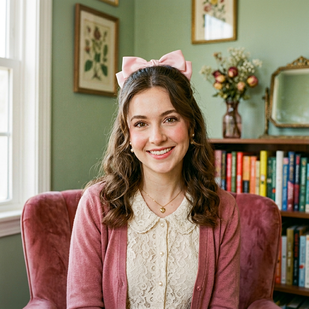 Coquette forum avatar: smiling woman in a pink cardigan and lace blouse with a pink bow headband, seated in a cozy room with books and floral decor.