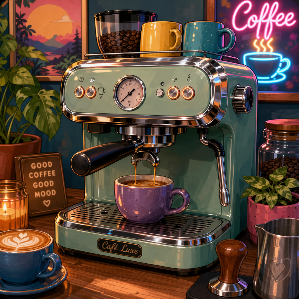 Retro green coffee machine brewing espresso with colorful mugs, neon Coffee sign and cozy counter details — shown as a forum avatar/pfp/profile photo.