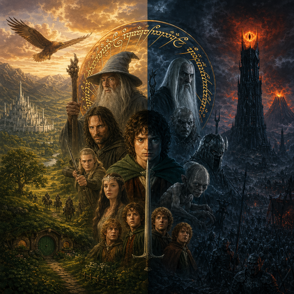 Forum avatar/pfp: The Lord of the Rings montage split down the middle — sunlit Shire with hobbits and Gandalf vs dark Mordor with Barad-dûr and Sauron’s Eye, One Ring motif.