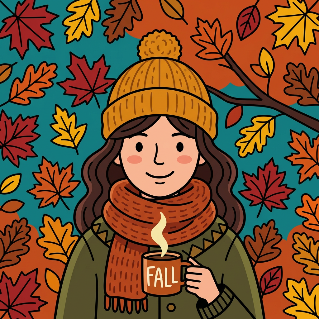 Illustrated forum avatar of a person in fall weather: wearing a knit hat and scarf, holding a steaming mug labeled FALL against a backdrop of colorful falling autumn leaves.