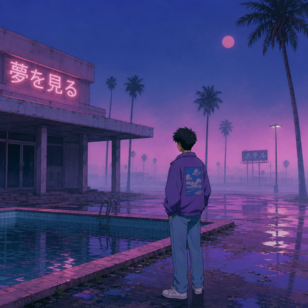 Retro anime forum avatar: lone figure in a purple jacket stands by a neon-lit motel pool at night, palm trees and a pink moon under a dreamy vaporwave sky.
