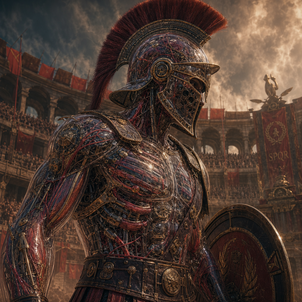 Roman gladiator in a crested helmet and shield, metallic and battle-worn, depicted as a dramatic forum avatar/pfp against a packed coliseum backdrop.