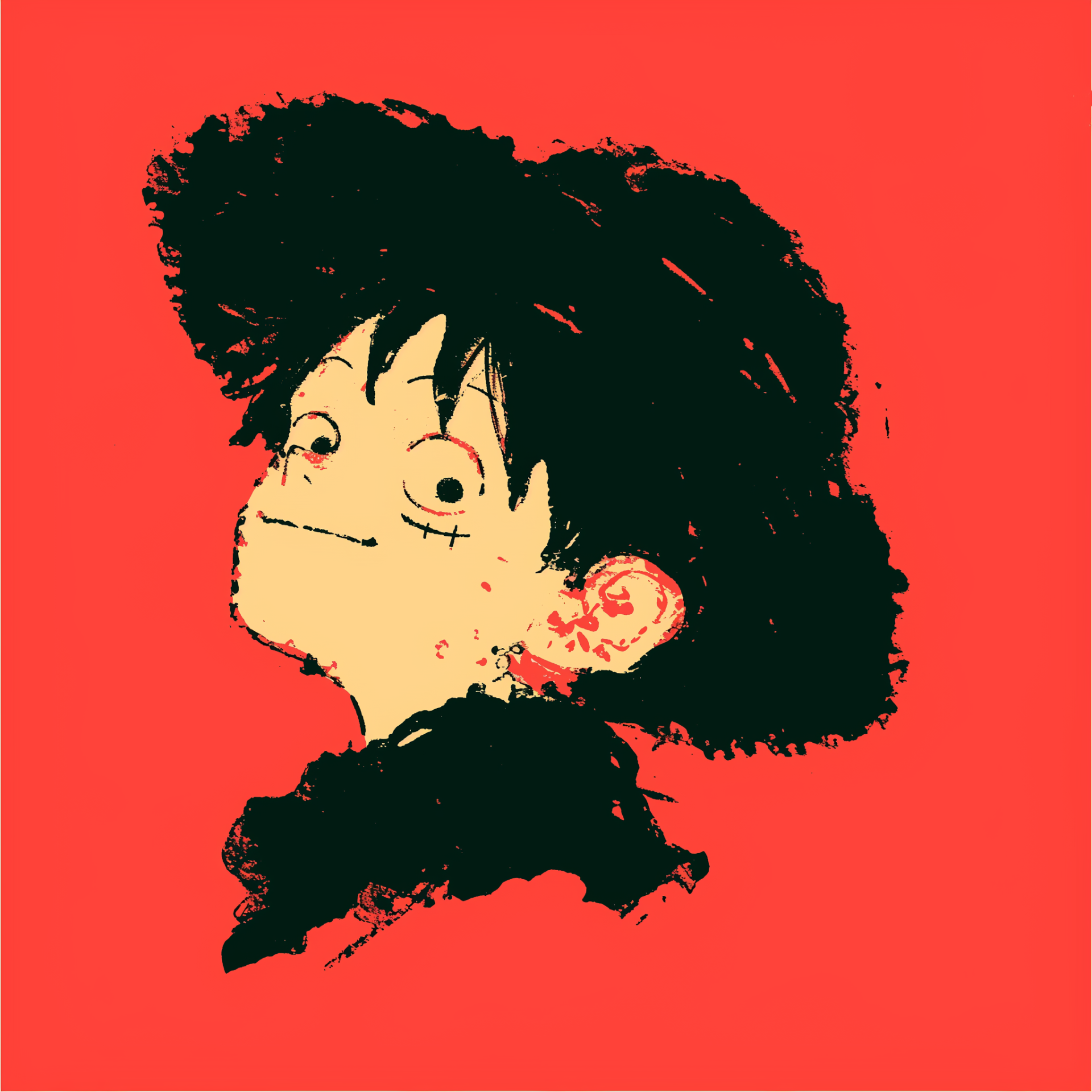 Forum avatar/pfp of Monkey D. Luffy: sketchy head portrait with straw hat silhouette and bold red background.
