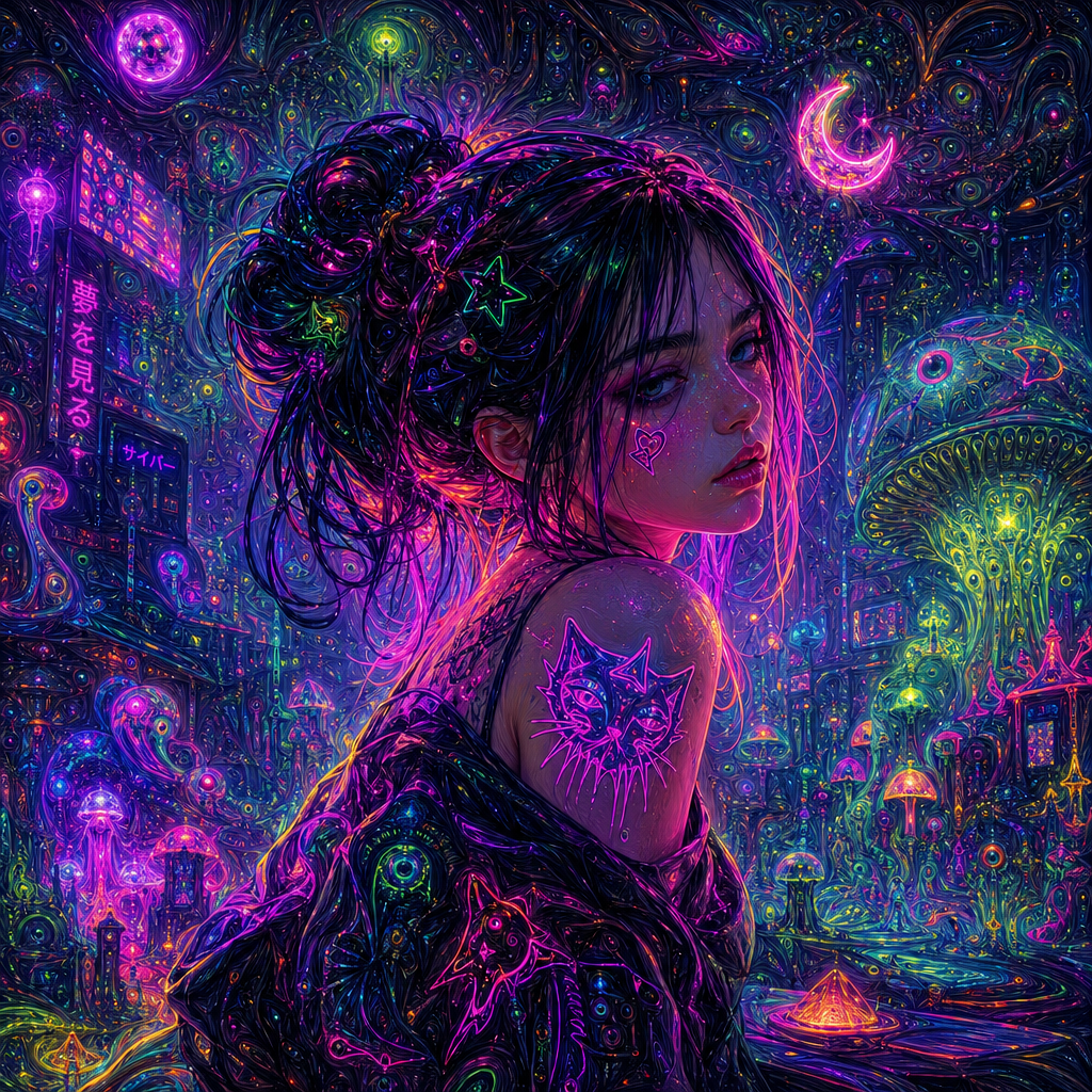 Neon girl with glowing tattoos and star hairpins, looking back amid vivid cyberpunk city lights — stylized forum avatar/pfp.