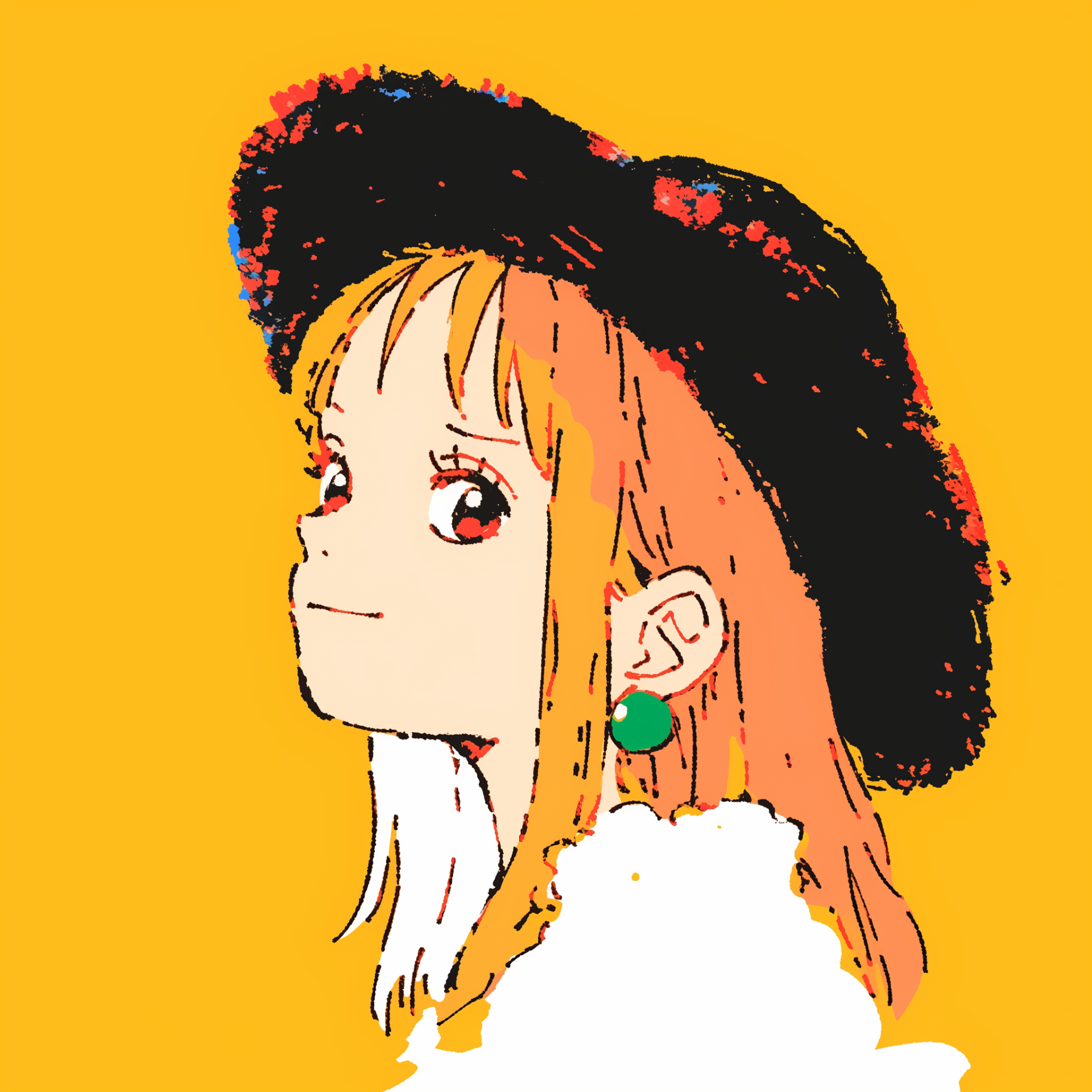 Anime avatar of Nami (One Piece): profile view with orange hair, black hat and green earring on a bright yellow background.
